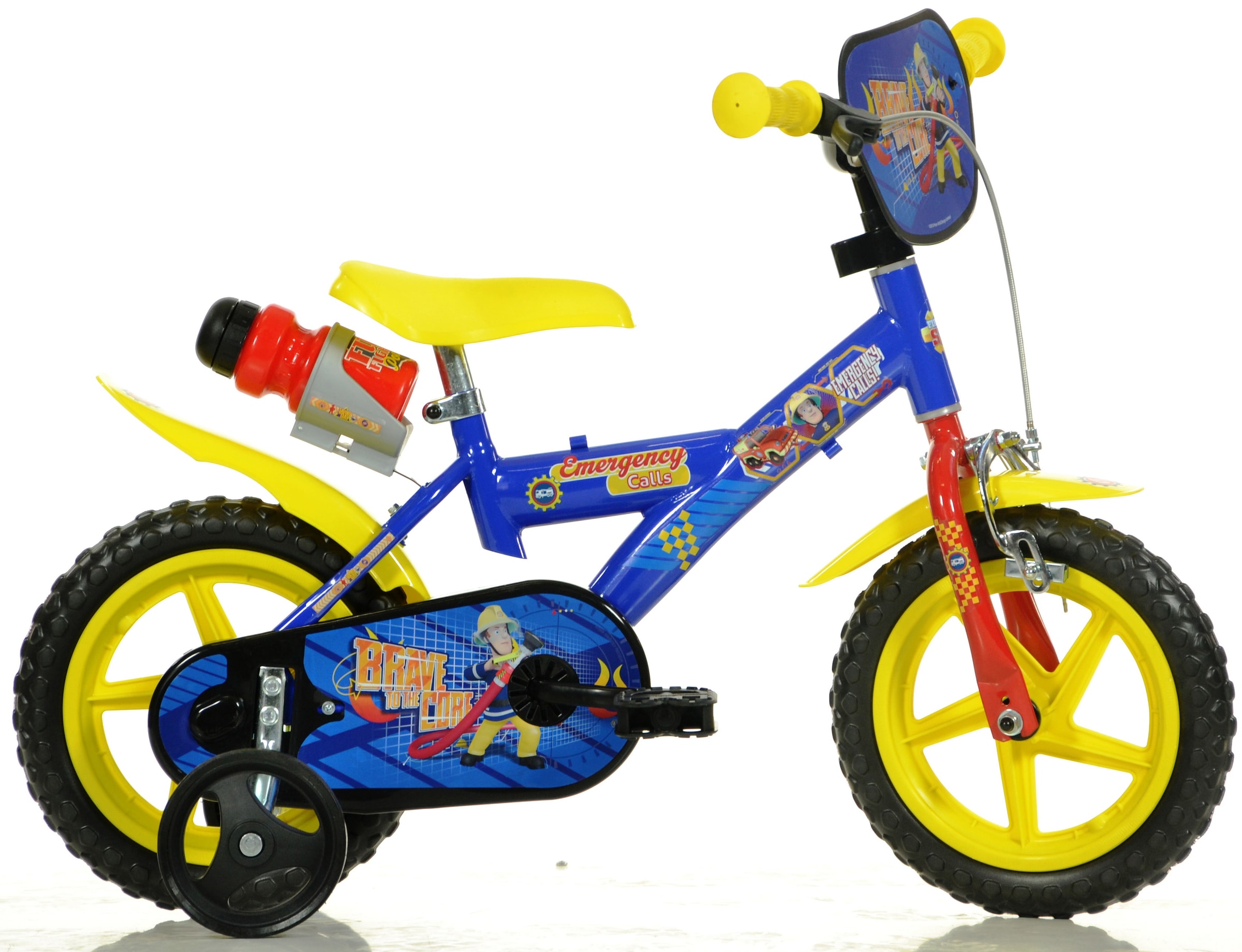 Dino Kinderfahrrad "Feuerwehrmann Sam 12 Zoll", 1 Gang, mit Stützrädern, Trinkflasche und Frontschild