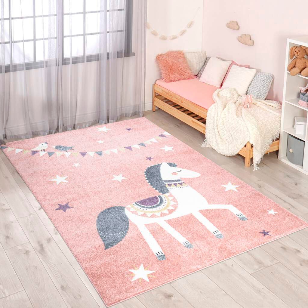 Carpet City Kinderteppich "ANIME890", rechteckig, 11 mm Höhe, Kinderzimmer Teppich Modern mit Mond, Blumen, Wolken, Crem