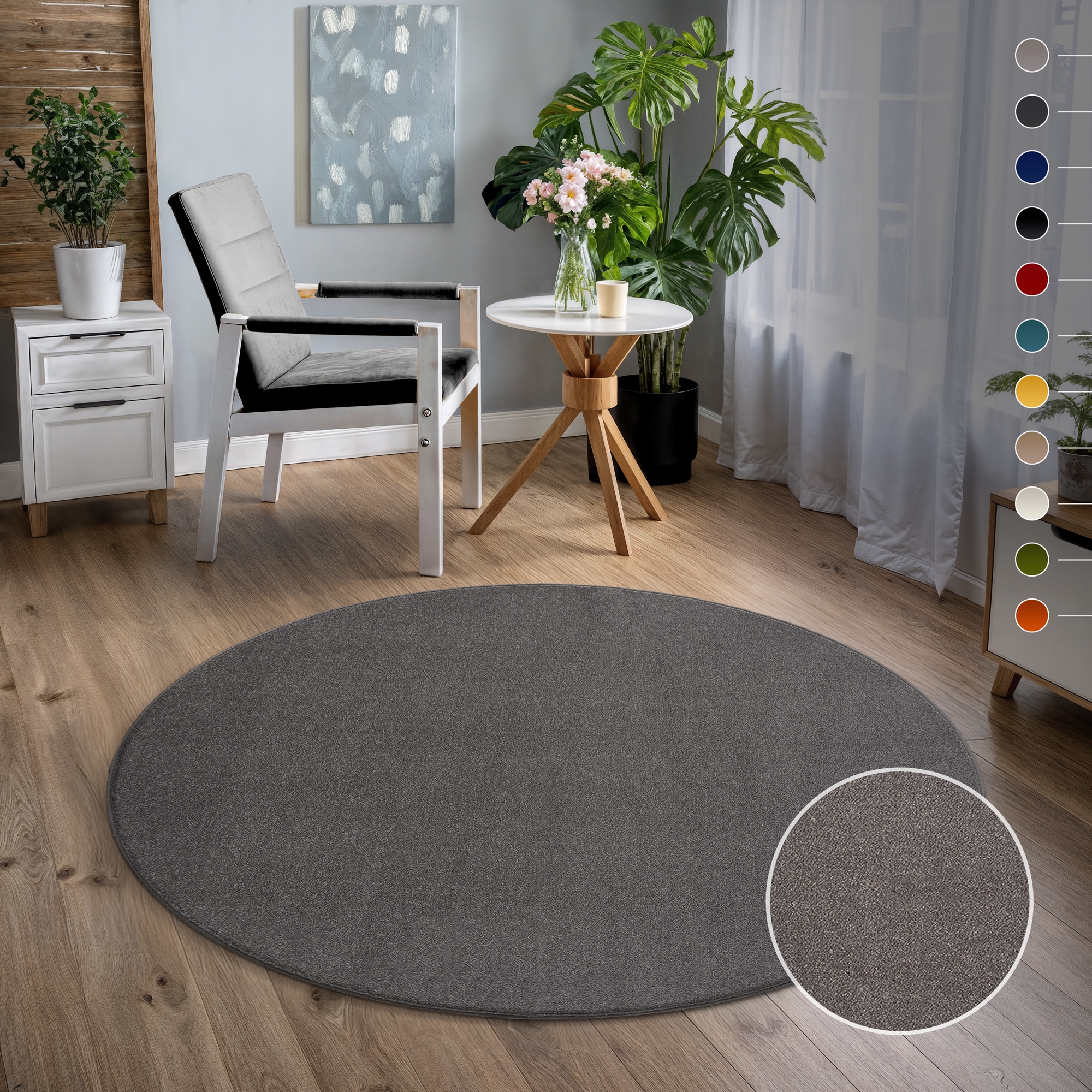 Sanat Teppich "UNI, auch als Läufer und Rund" rund 13 mm Höhe robuster Kurzflorteppich, große Farbauswahl, Wohnzimmer, alle Räume