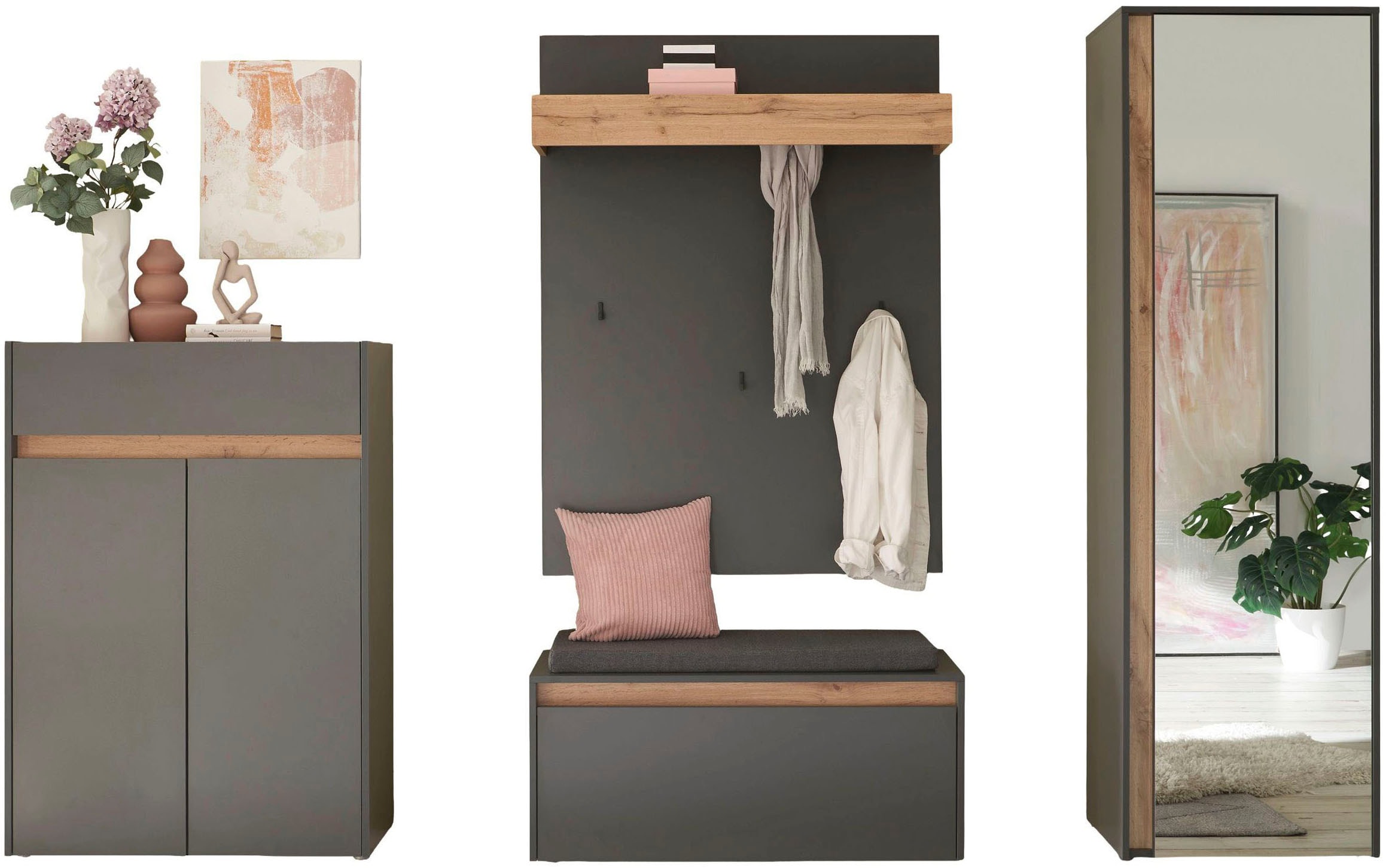 INOSIGN Garderoben-Set »City/Giron, moderne Garderobe, viel Stauraum, ca. 24 Schuhe«, (Set, 4 St.), enthält Schrank, Paneel, Schuhschrank & Garderobenbank mit Sitzkissen