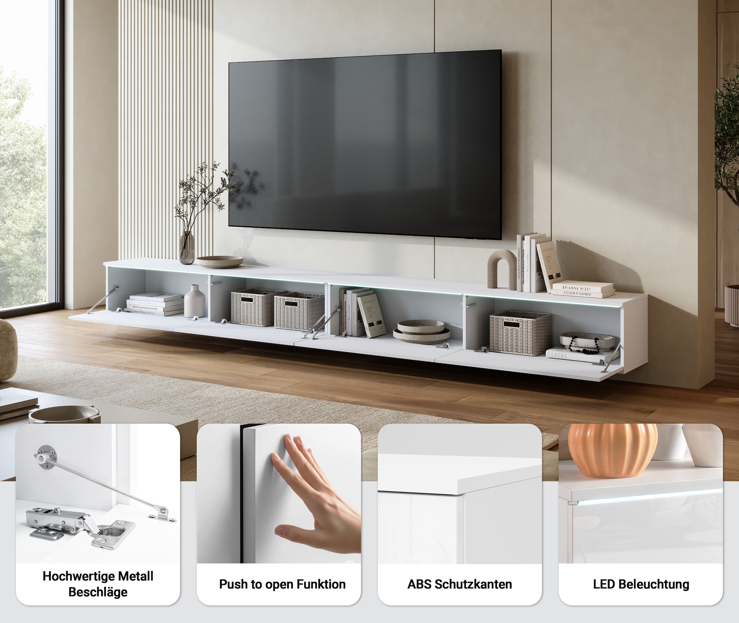 Home affaire Lowboard »Vera, TV-Schrank, Breite 300 cm, verschiedene Farbausführungen« 1 Stk. tlg. Mit LED, 4 Klappen, grifflose Fronten, hängend oder stehend