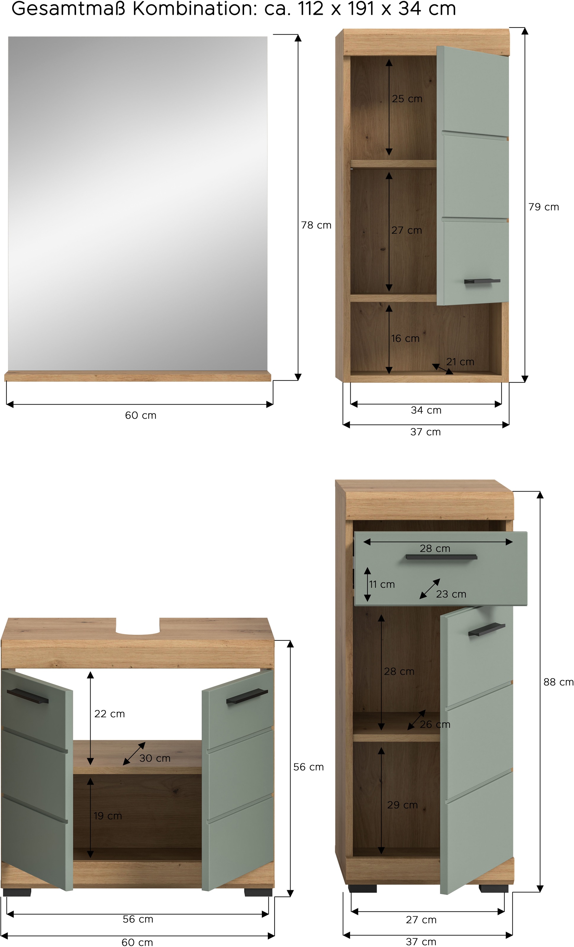 INOSIGN Badmöbel-Set »Siena, 4 teilig, bestehend aus:«, (Set), Waschbeckenunterschrank, Spiegel, Unterschrank, Hängeschrank