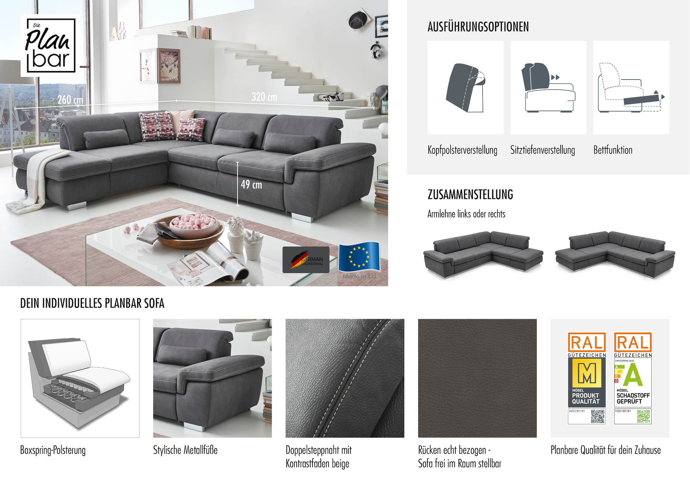Die PlanBar Ecksofa »MP-IN17041 L-Form«, Sitztiefenverstellung, optional mit Kopfteilverstellung & Bettfunktion