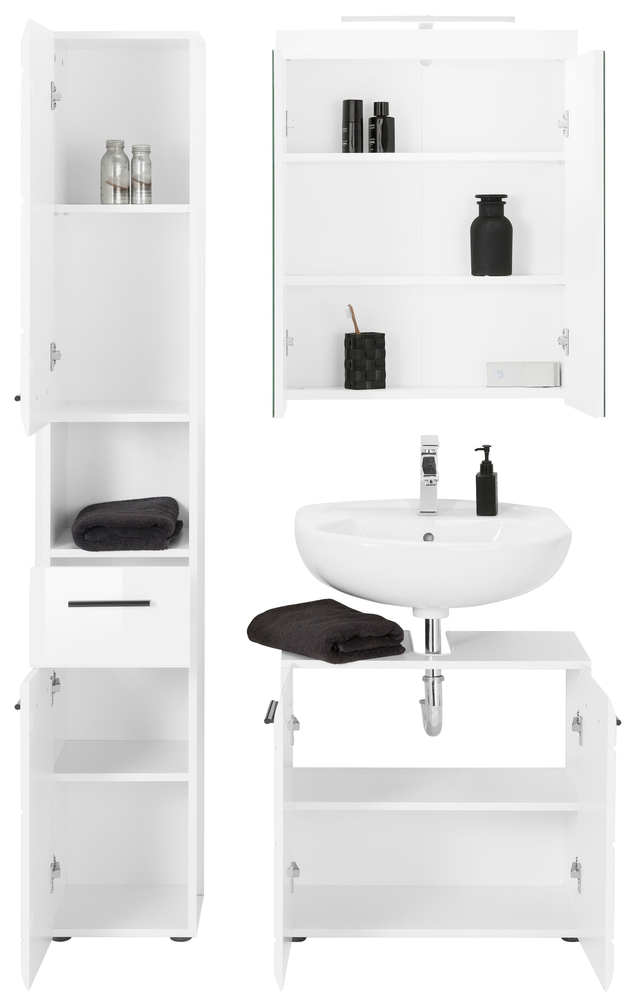 INOSIGN Badmöbel-Set »Sovana«, (Set, St.), Spiegelschrank und 3 Hochschrank | BAUR LED-Beleuchtung, mit Waschbeckenschrank