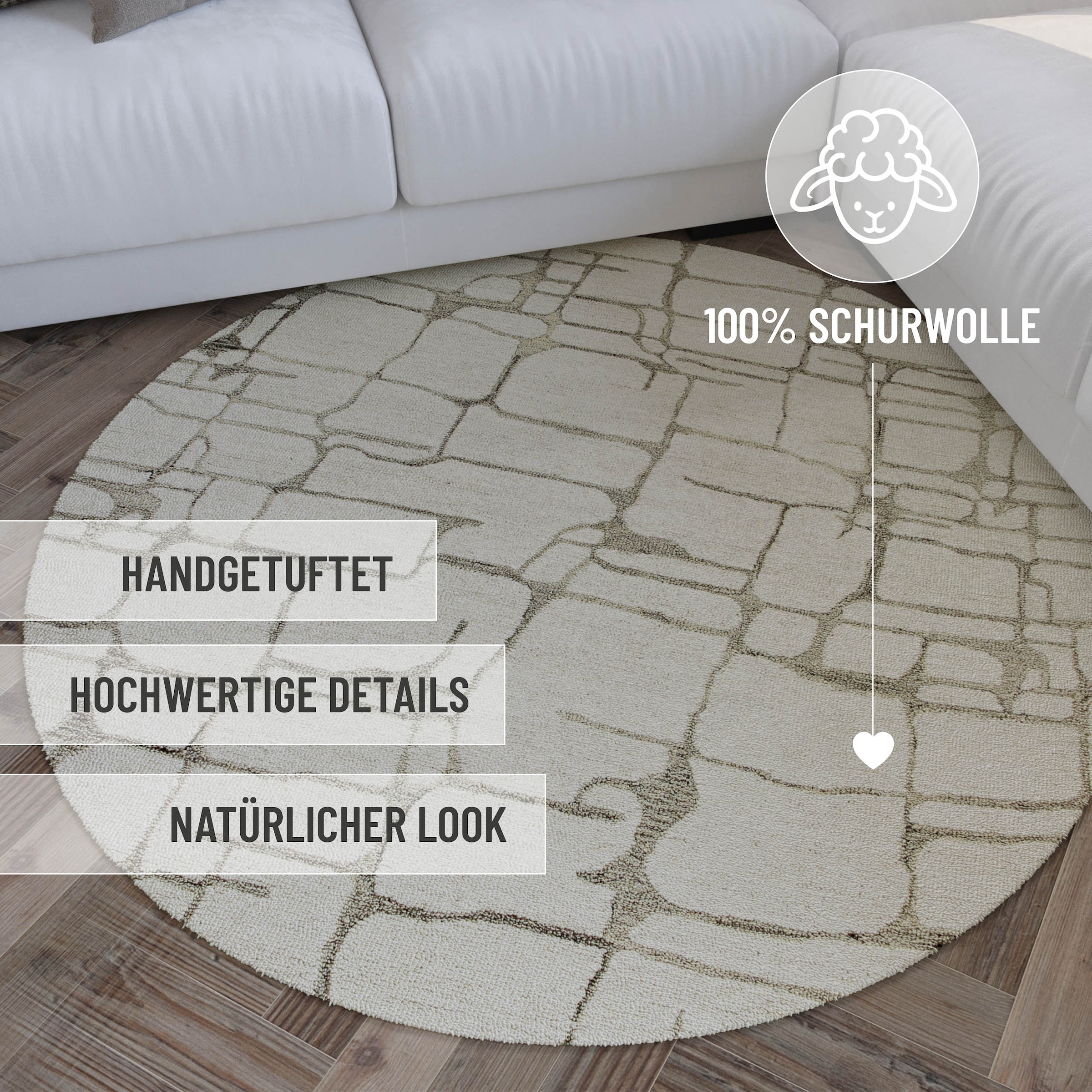Wecon home Wollteppich »Hamptons TWELVE«, rund, 10 mm Höhe, Schurwolle, Kurzflor, Wohnzimmer, elegant, geometrisches Design