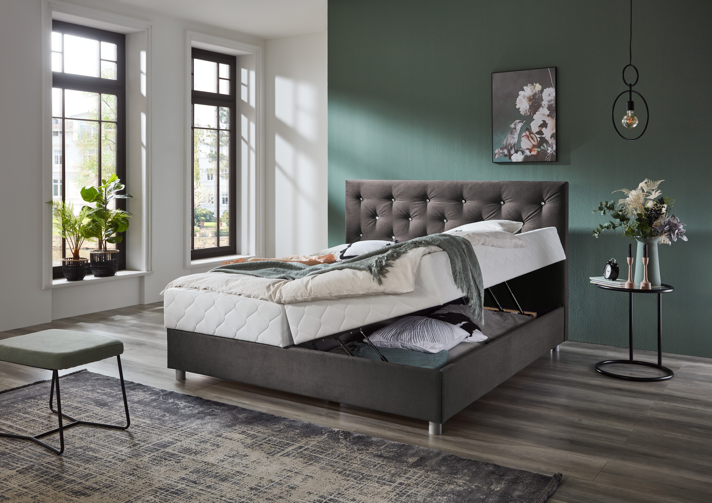 ATLANTIC home collection Boxbett »CELIA im hochwertiger Samtoptik«, mit Taschen-Federkernmatratze, Bettkasten und Strass-Steinen