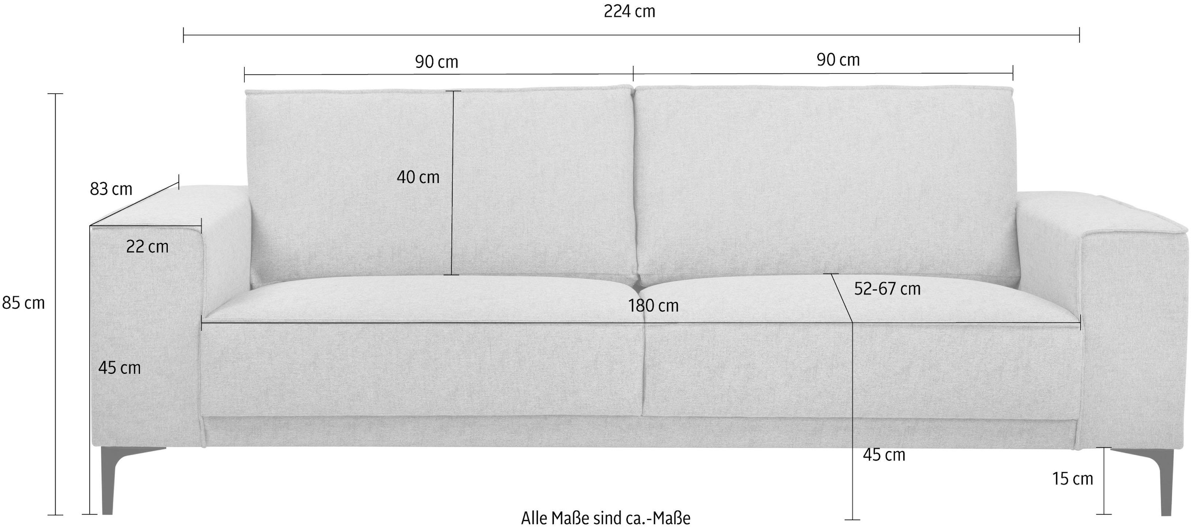 Places of Style 3-Sitzer »OLAND 224 cm«, im zeitlosem Design und hochwertiger Verabeitung