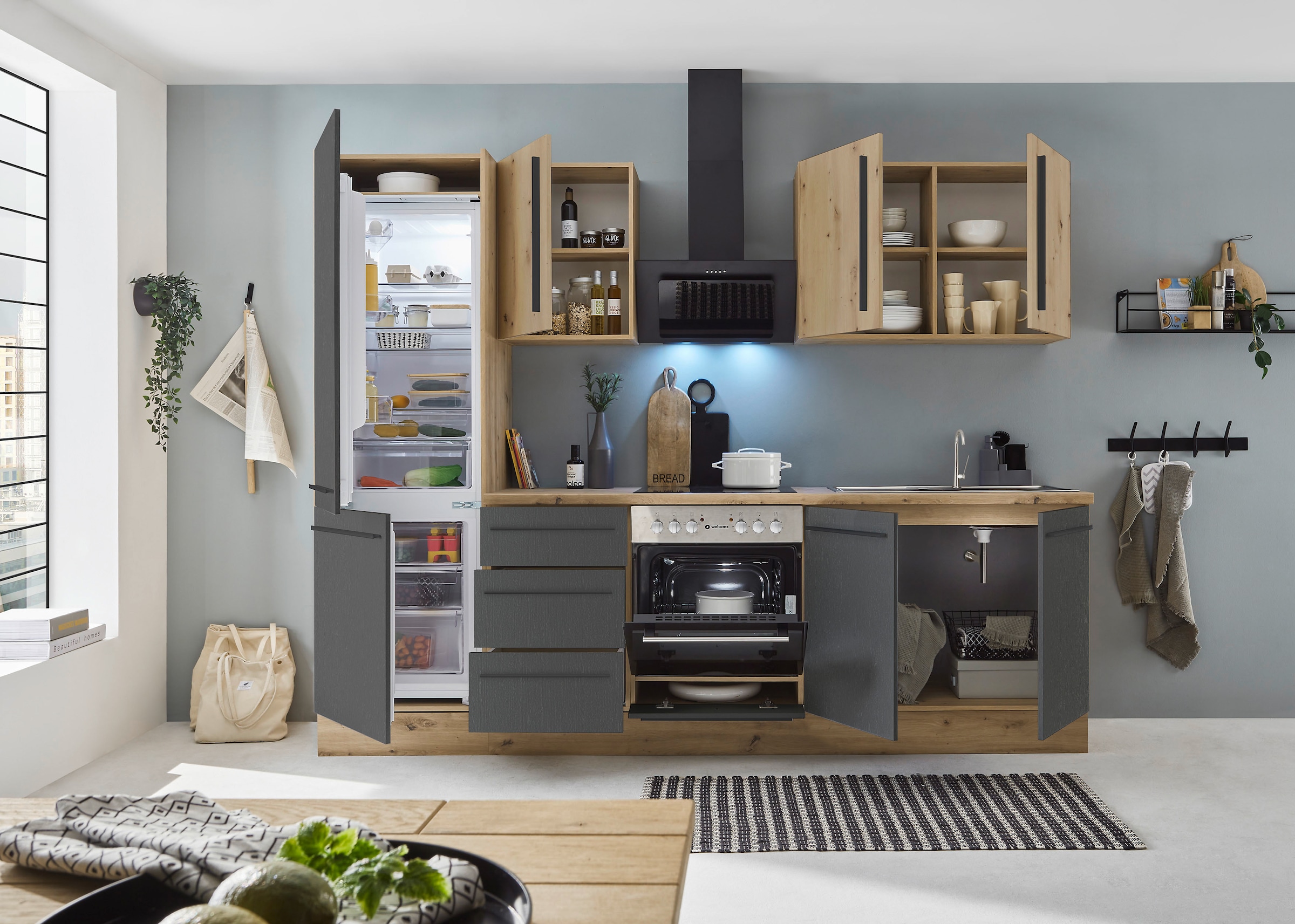 KOCHSTATION Küchenzeile »KS-Florida mit 38mm starker Arbeitsplatte«, Breite 270 cm, wahlweise mit E-Geräten, Soft-Close-Funktion