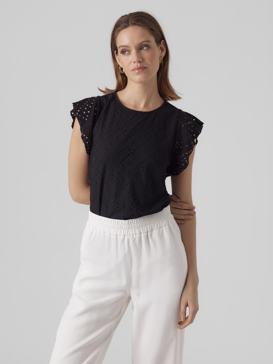 Vero Moda Rundhalsshirt "VMTASSA SL FRILL TOP NOOS" Materialmix, loose fit günstig online kaufen