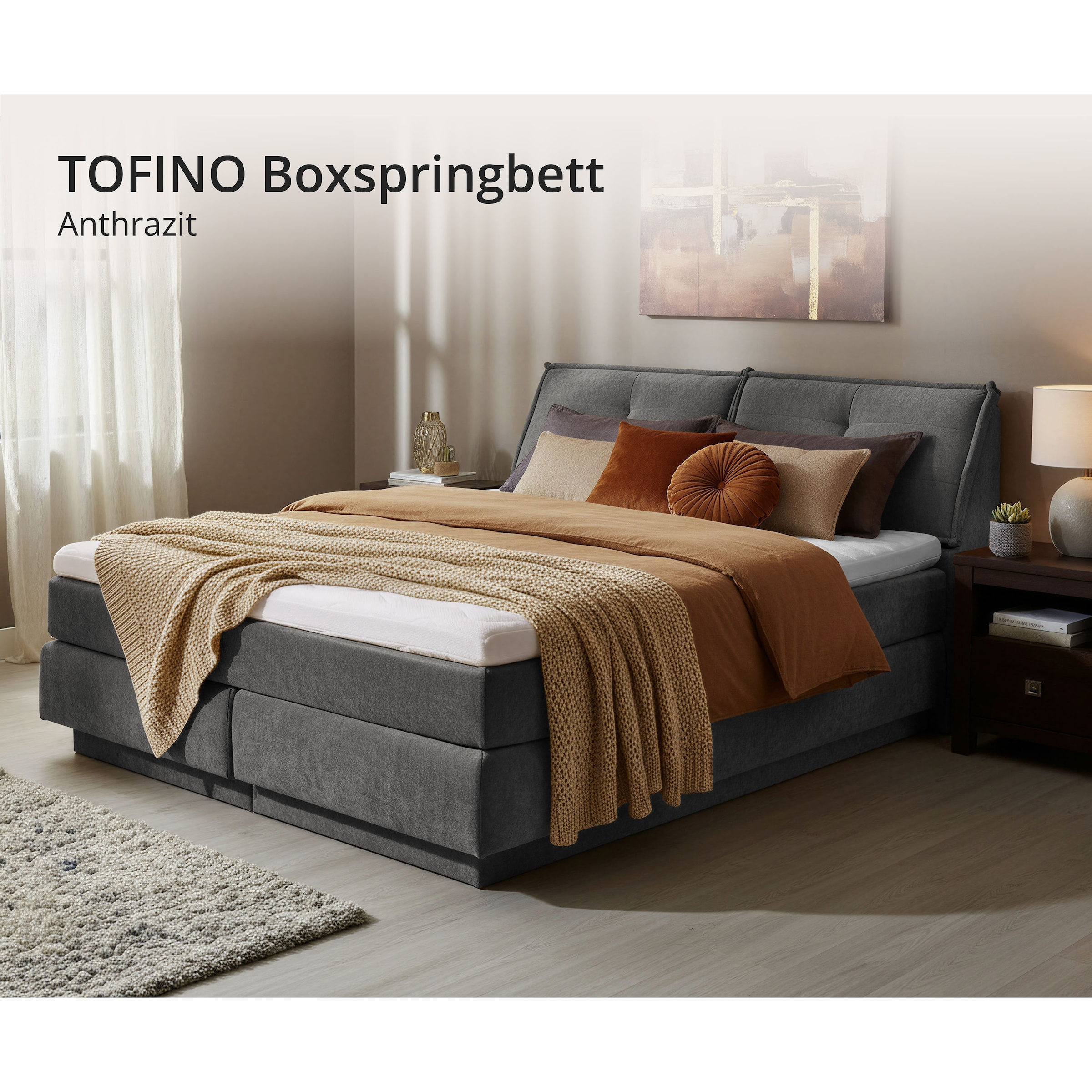 ED EXCITING DESIGN Boxspringbett »Tofino 180x200 mit Duo Matratze« 6 cm Gelkomfort-Topper, H3/H4, Bettkasten & Kopfteil-Stauraum