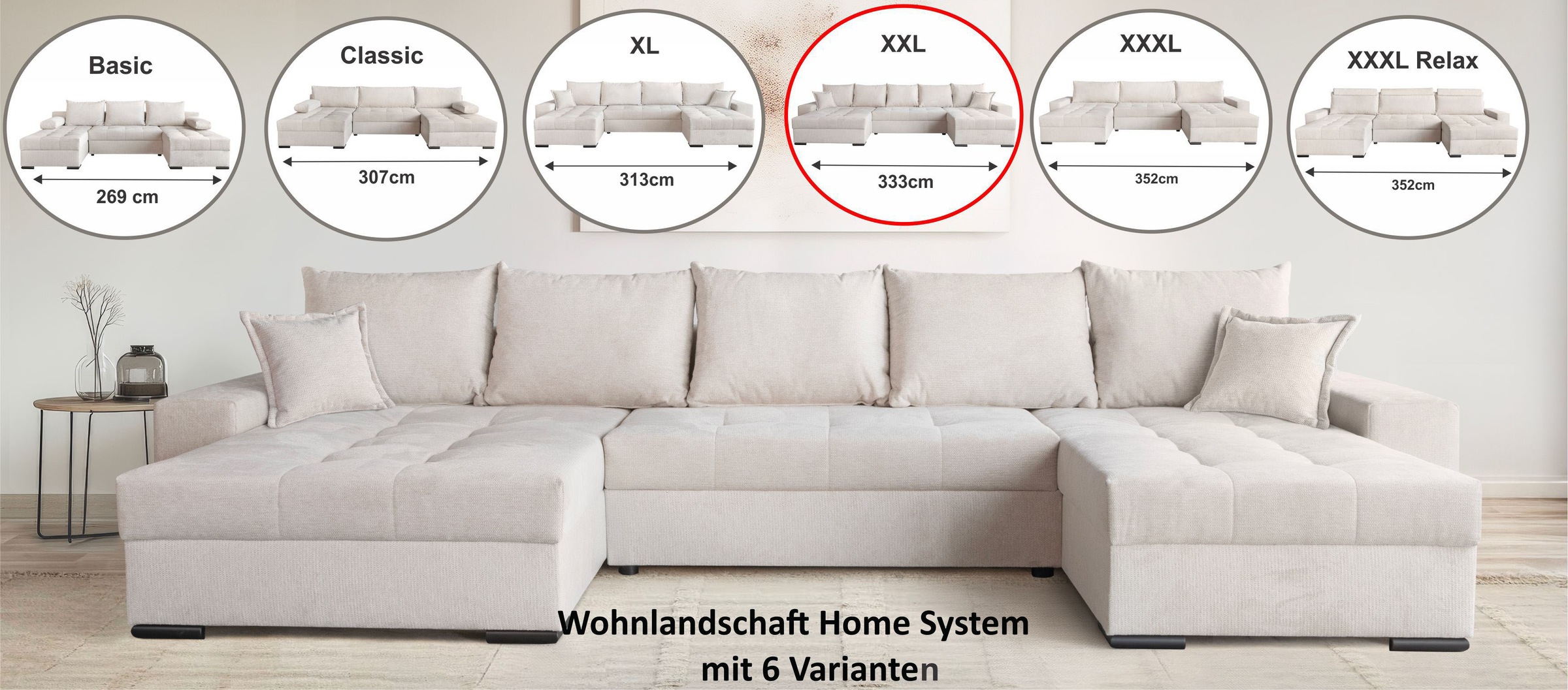 Thumbnail - OTTO home Wohnlandschaft "Home System U-Form, B: 269 - 352 cm, Breiten wählbar" mit Bettfunktion, Bettkasten & Zierkisse...