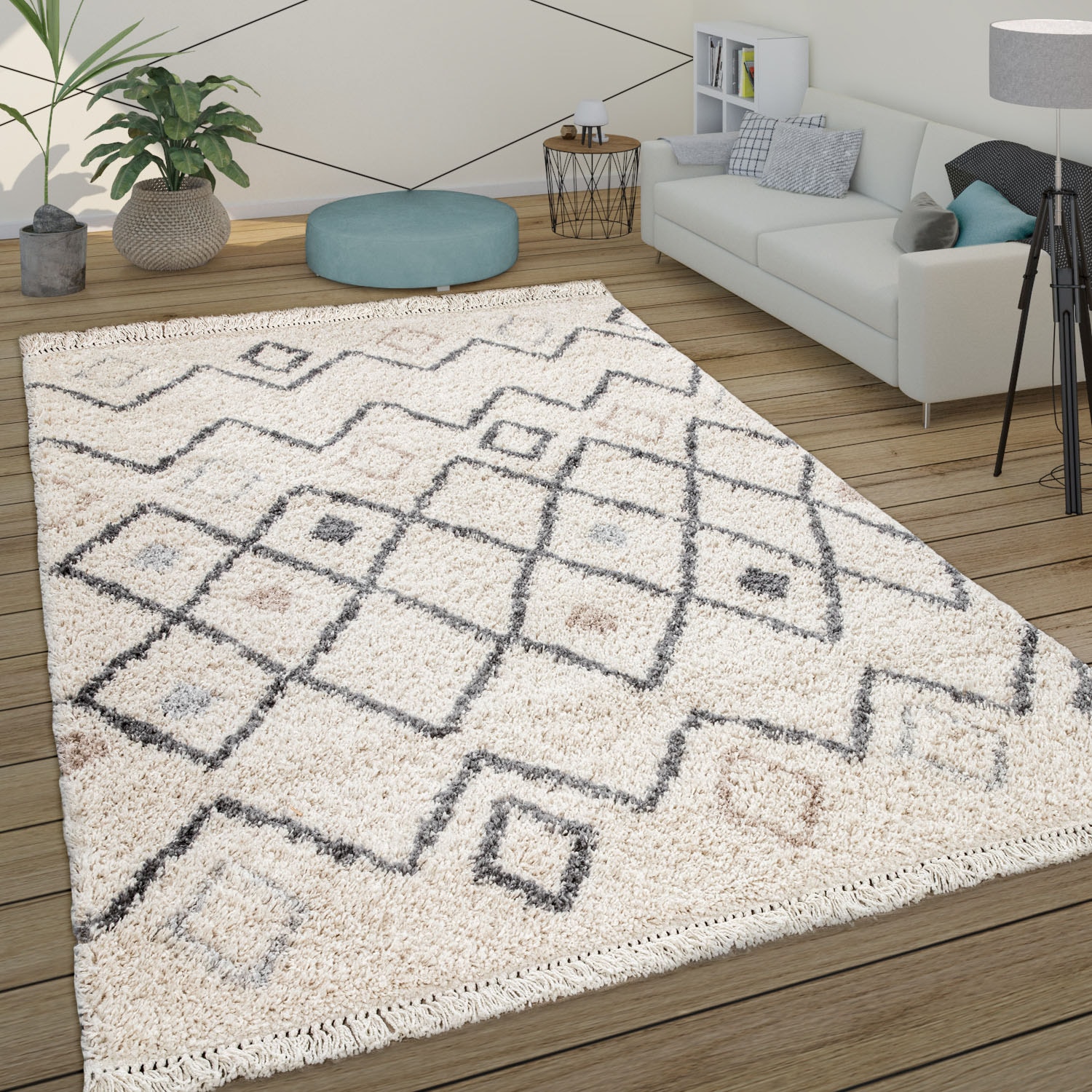 Paco Home & Motiv, Fransen 286«, | Hochflor-Teppich »Wooly BAUR Design, Rauten mit kaufen kuschelig, weich rechteckig, Berber