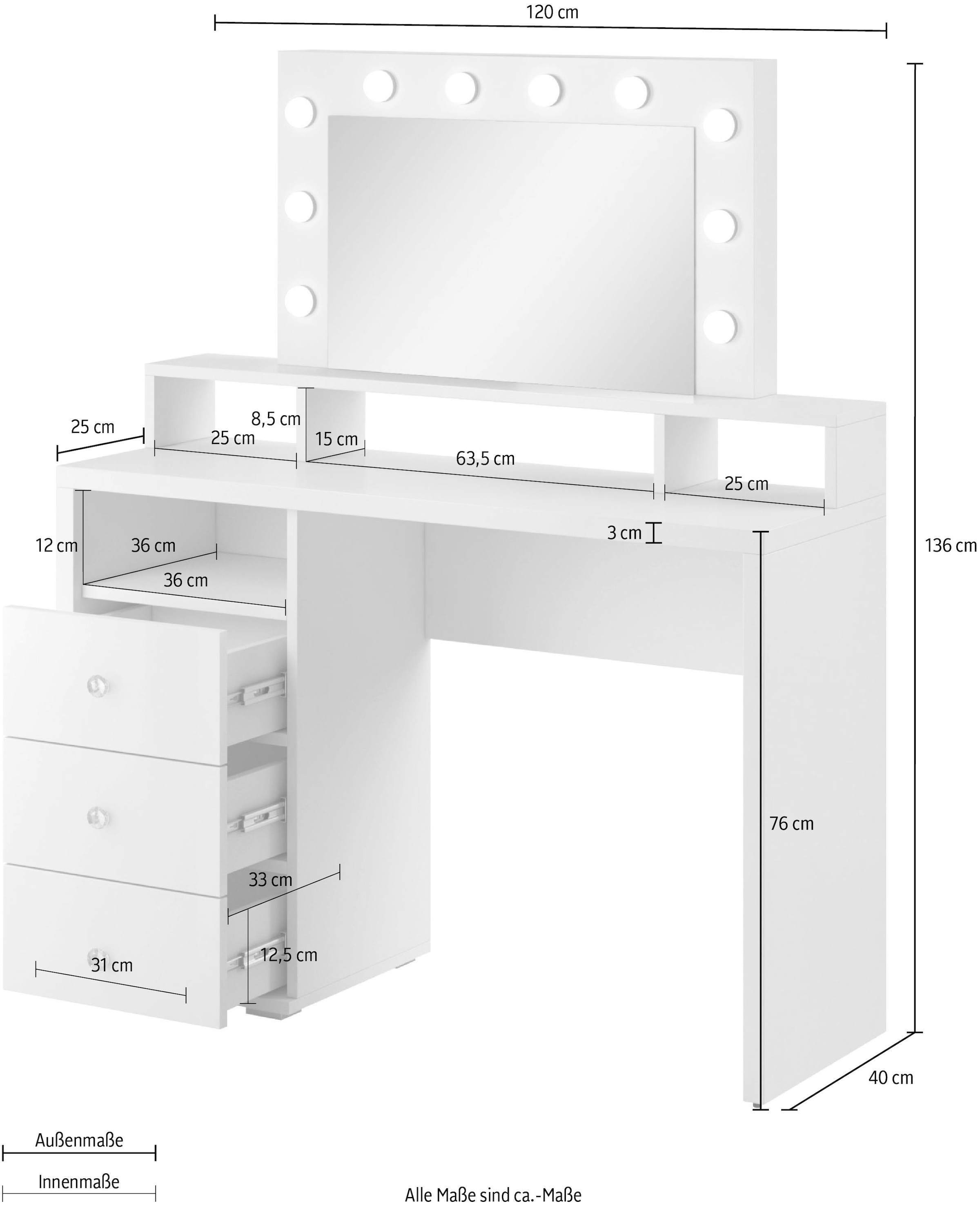 INOSIGN Schminktisch »Diva Frisiertisch Hollywood Theater 120x136x40cm«, Kosmetiktisch Spiegel mit LED Beleuchtung 3 Schubladen