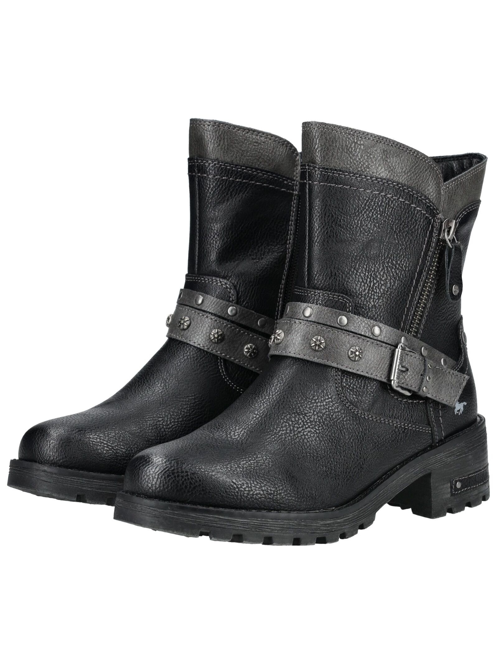 Winterboots MUSTANG SHOES "Haukea", Damen, Gr. 37, schwarz (schwarz, grau), Lederimitat, Schuhe Winterboots, Biker Boots mit Blockabsatz und TEX-Membrane 3