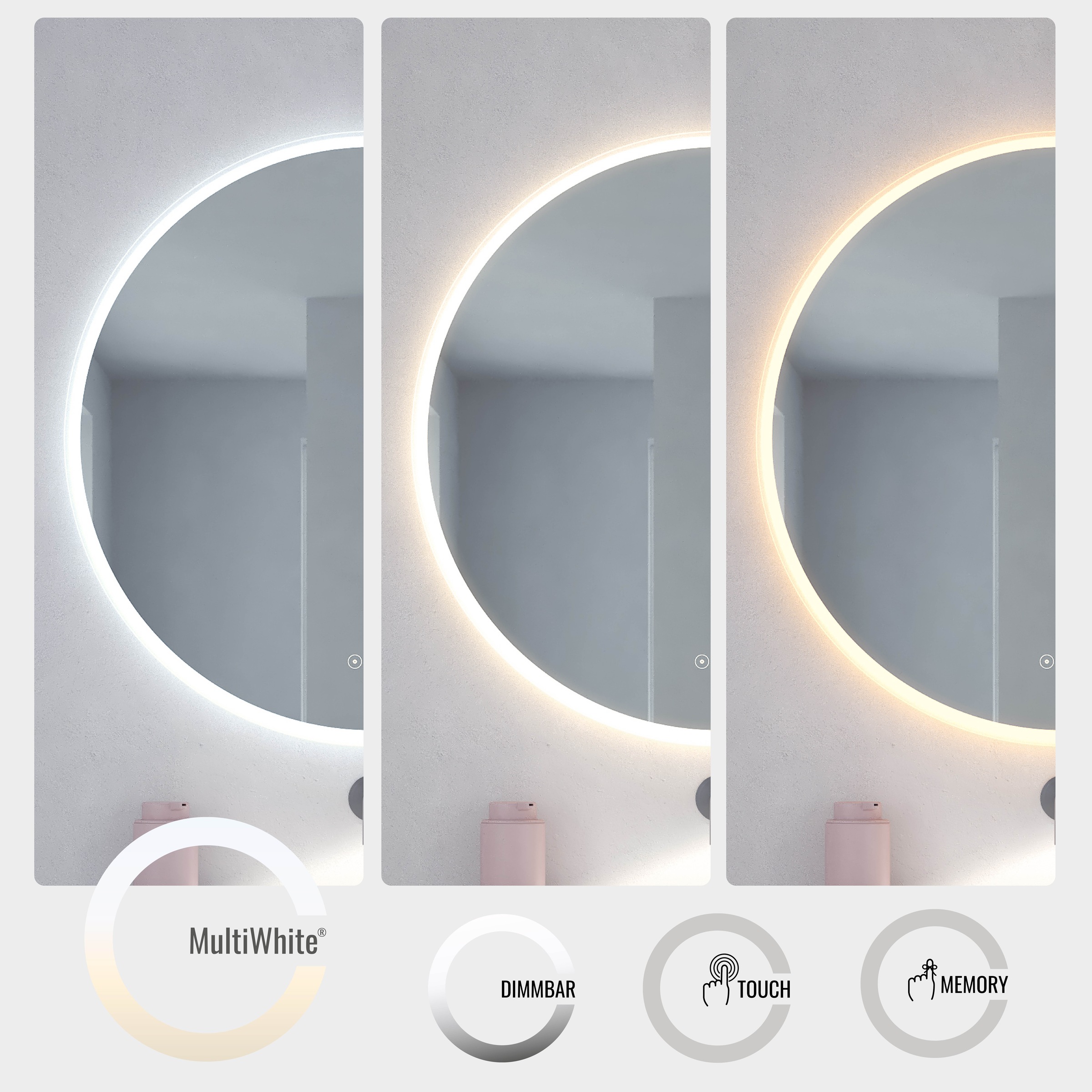 Thumbnail - Loevschall Badspiegel "Aalborg LED energiesparender Spiegel, rund, Touchsteuerung," MultiiWhite, stufenlos dimmbar, in m...