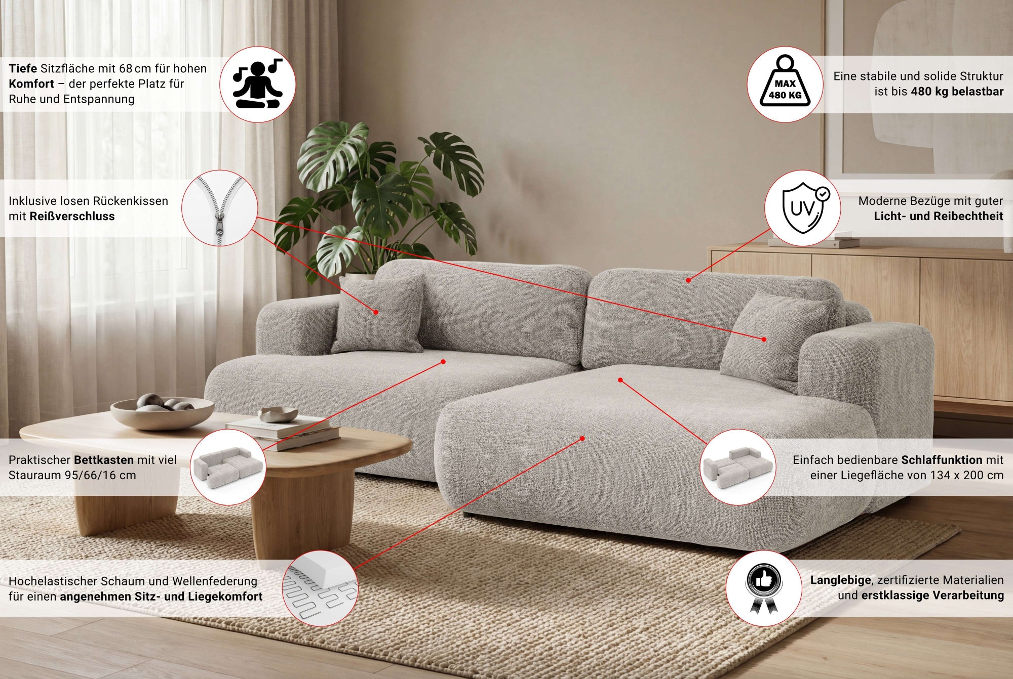 Thumbnail - OTTO home Ecksofa "VEEVIA L-Form, Schlafsofa, Verlässliche Qualität, Breite 256cm" mit Bettkasten, belastbar bis 480kg, ...