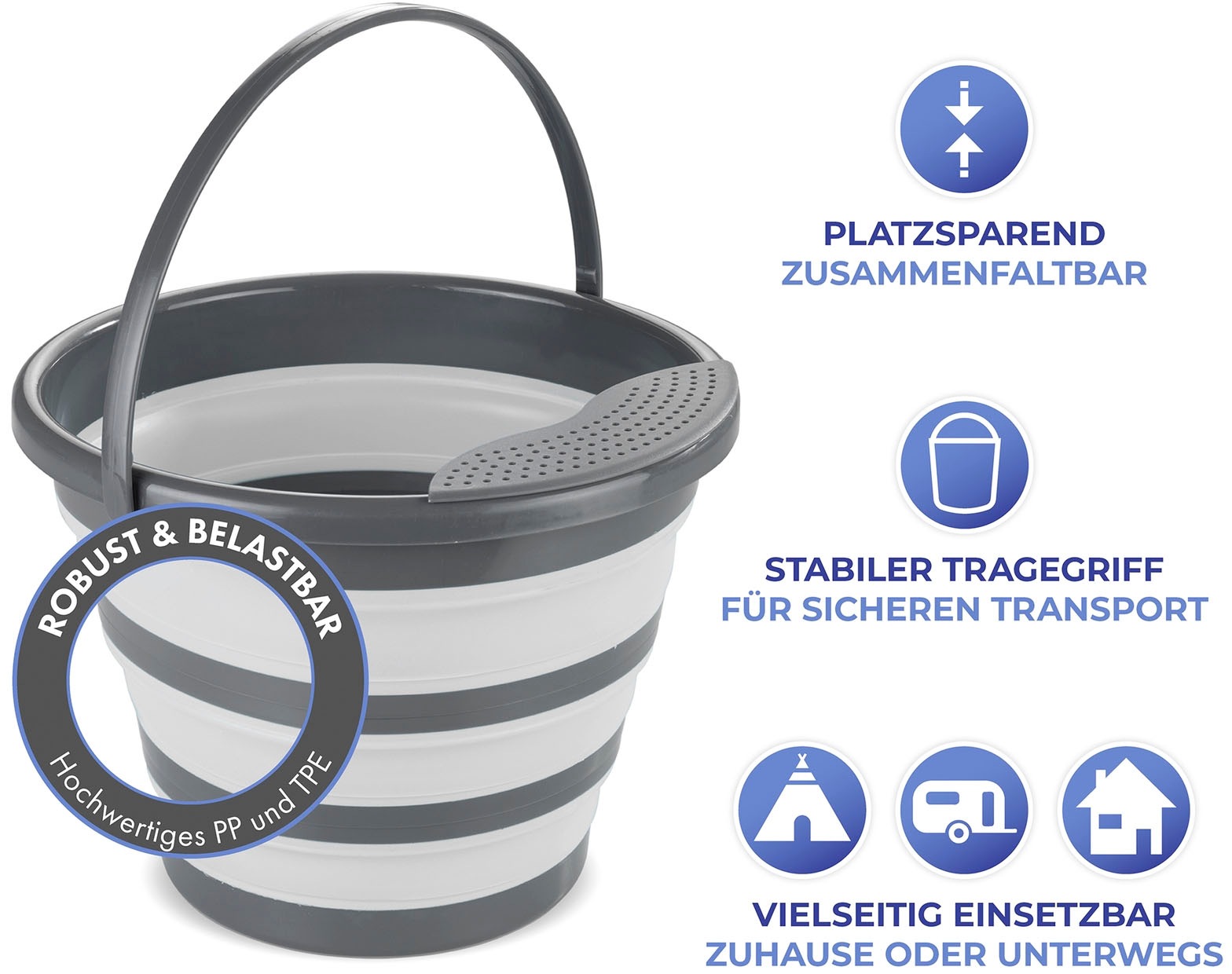 Maximex Falteimer, (Set, 2 tlg.), Griffmulde im Boden und Tragegriff, mit Abgießsieb, 10 L