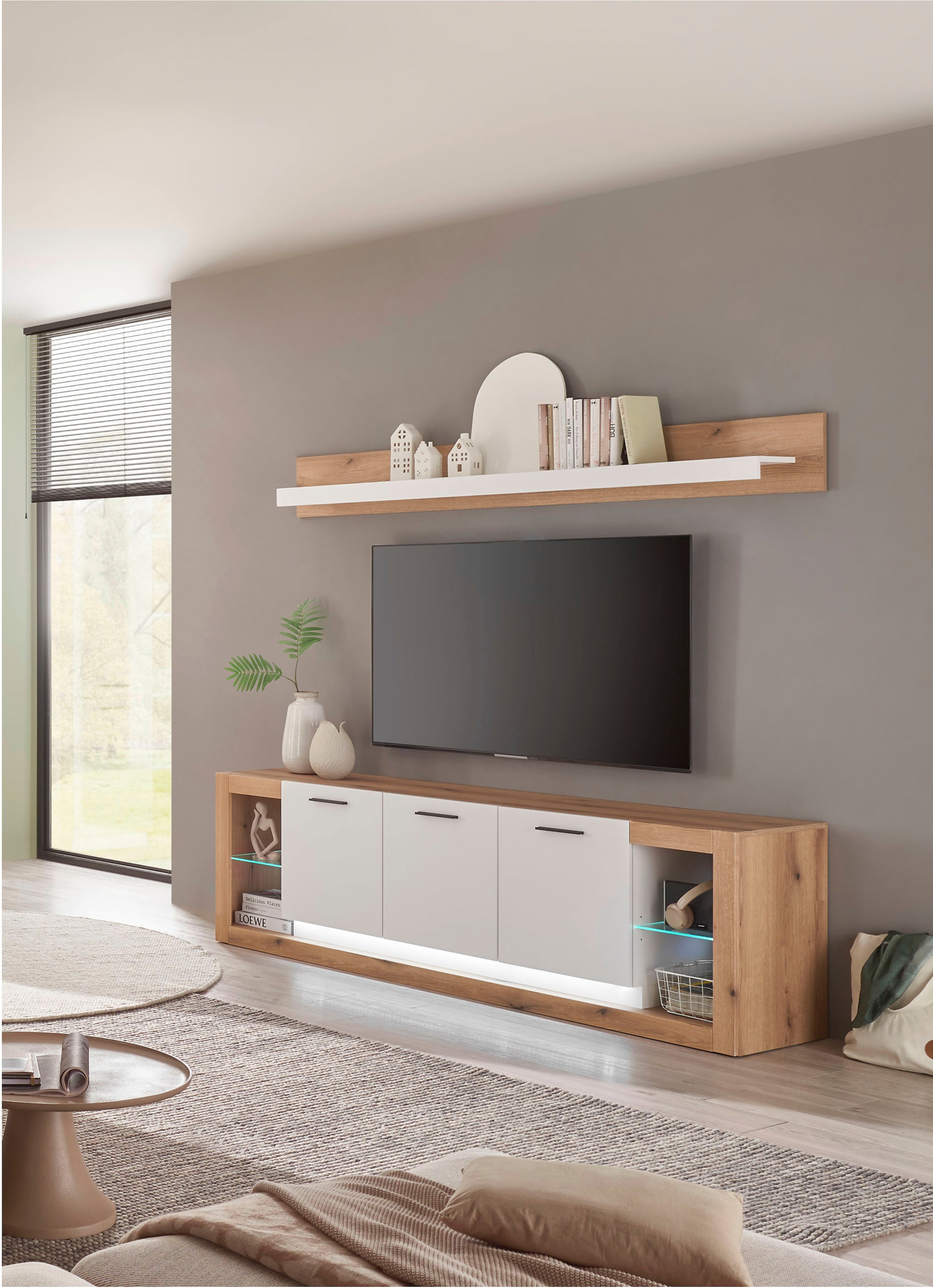 INOSIGN Wohnwand »Brixen, moderne Anbauwand, Wohnzimmer-Set, Eiche Evoke Dekor mit Weiß«, (Set, 2 St.), enthält Lowboard und Wandboard