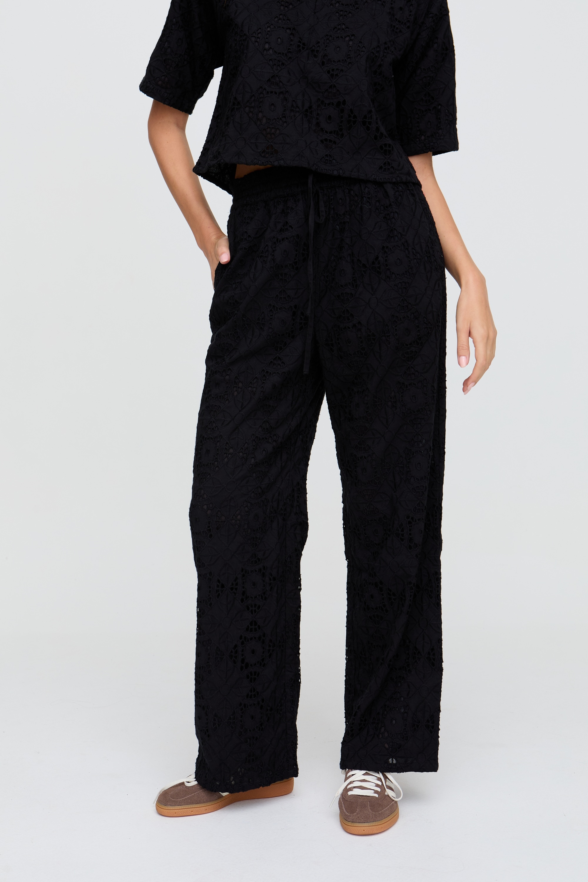 RAFFYA Jerseyhose »Opal Broderie Anglaise Wide Leg Trouser Damen«