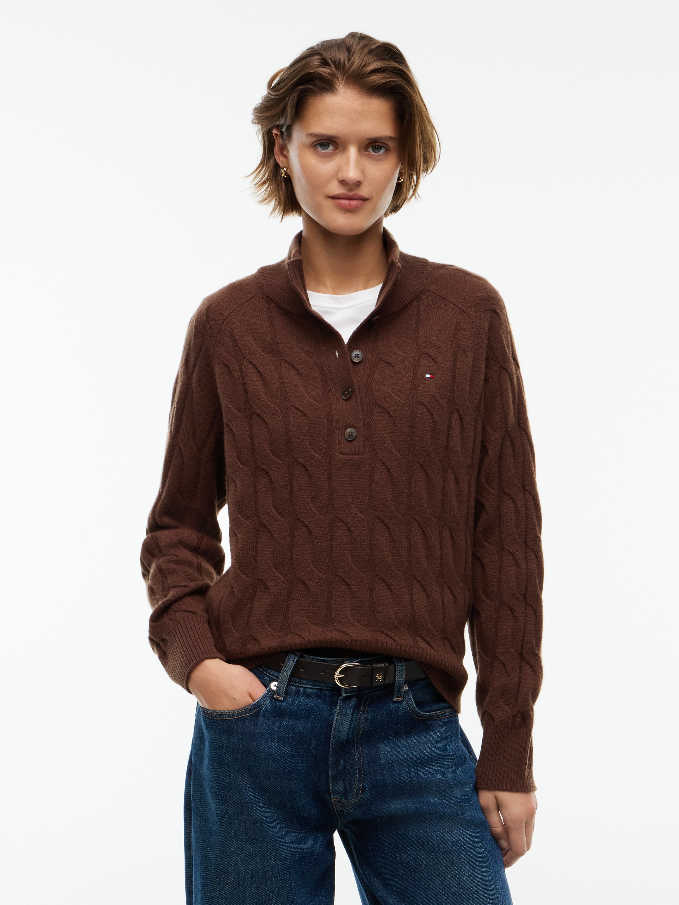 Tommy Hilfiger Strickpullover "SOFT WOOL CABLE MK-NK HENLEY" Wolle, mit Zopfmuster