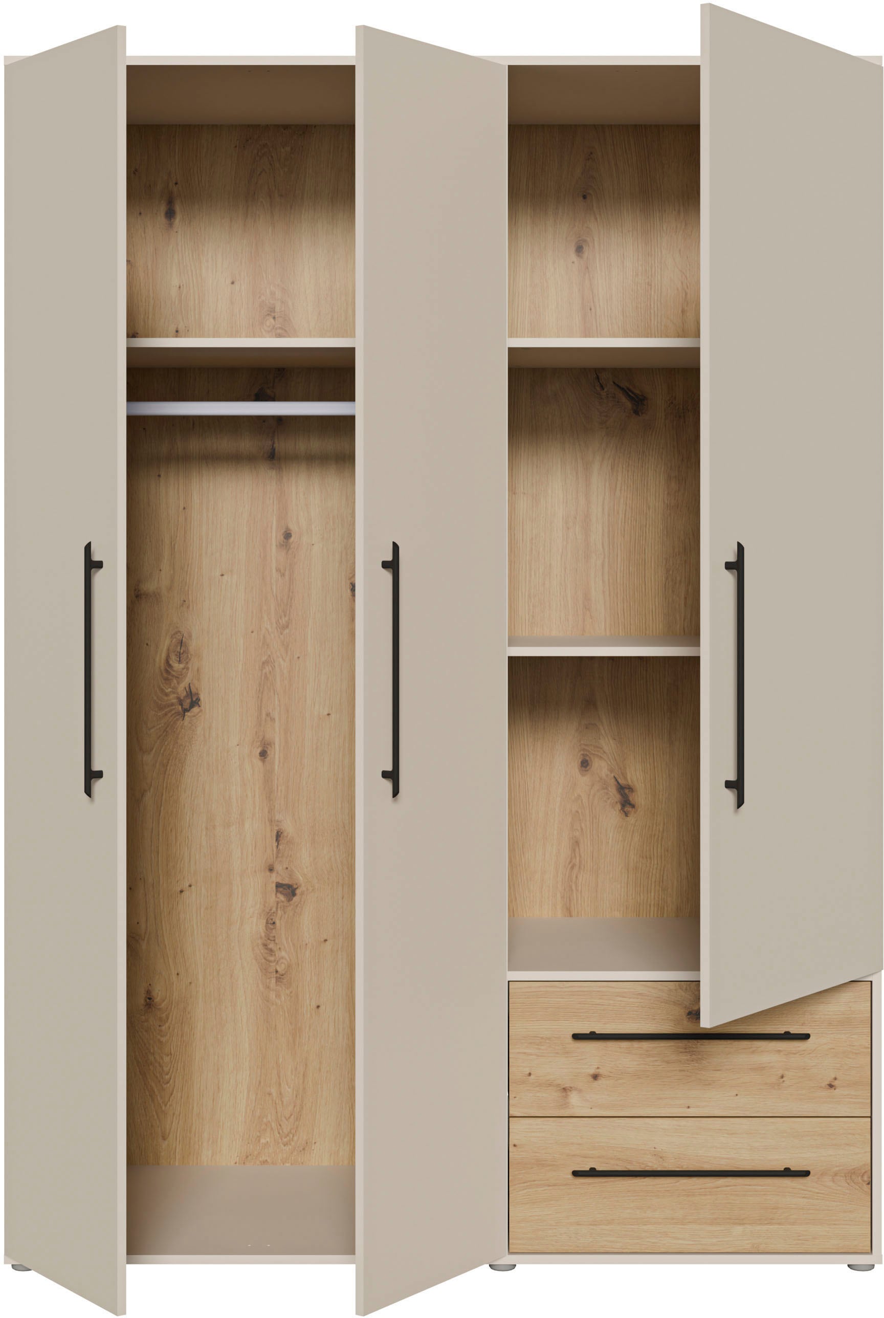 FORTE Drehtürenschrank »Mokkaris, OTTOs Choice, TOPSELLER! 3 Türen, zeitloses Design«, (BHT ca. 145x200x59cm), Schubladen + schwarze Stangengriffe, Made in Europe, viel Stauraum