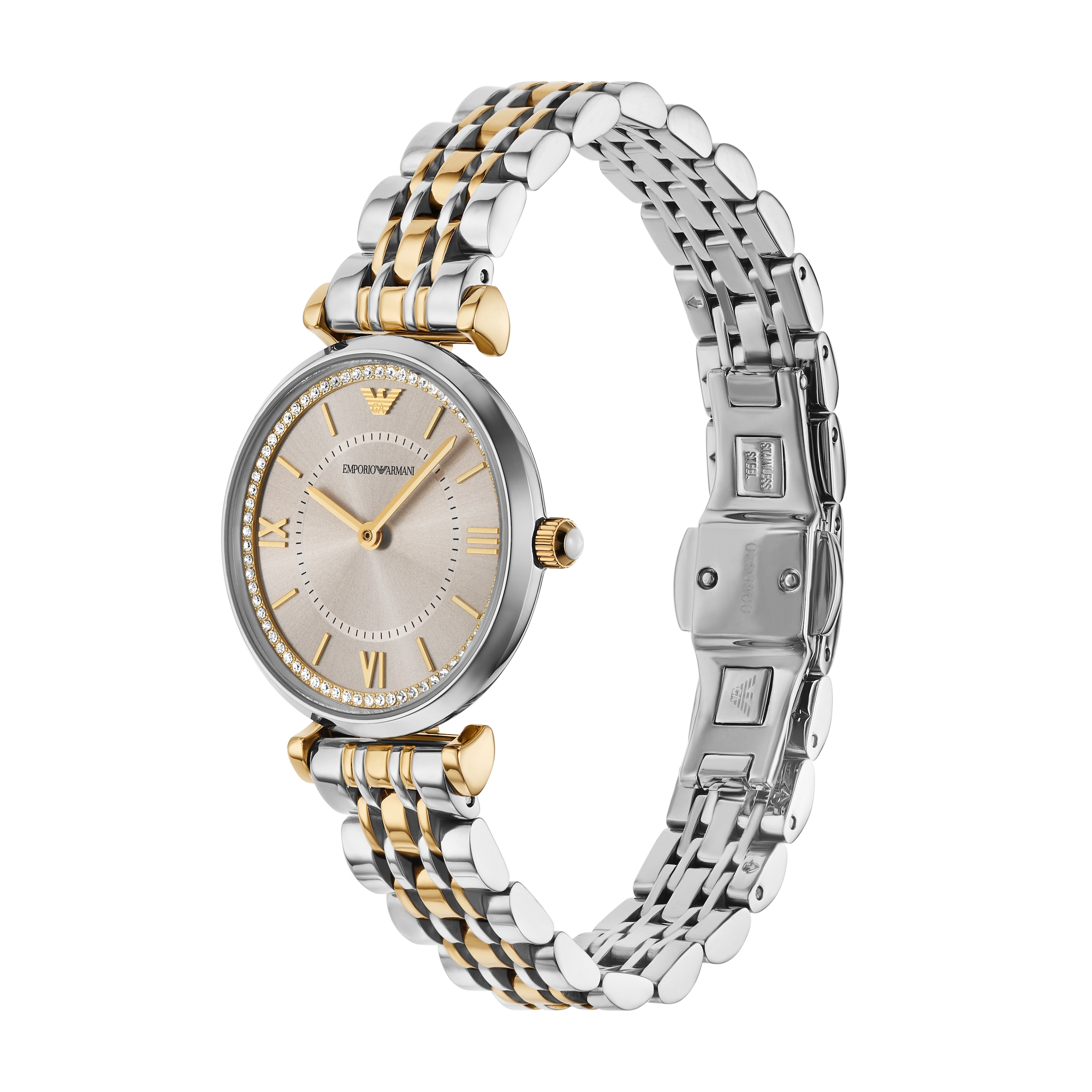 Emporio Armani Quarzuhr, Armbanduhr, Damenuhr, Edelstahlarmband, analog, Glassteine