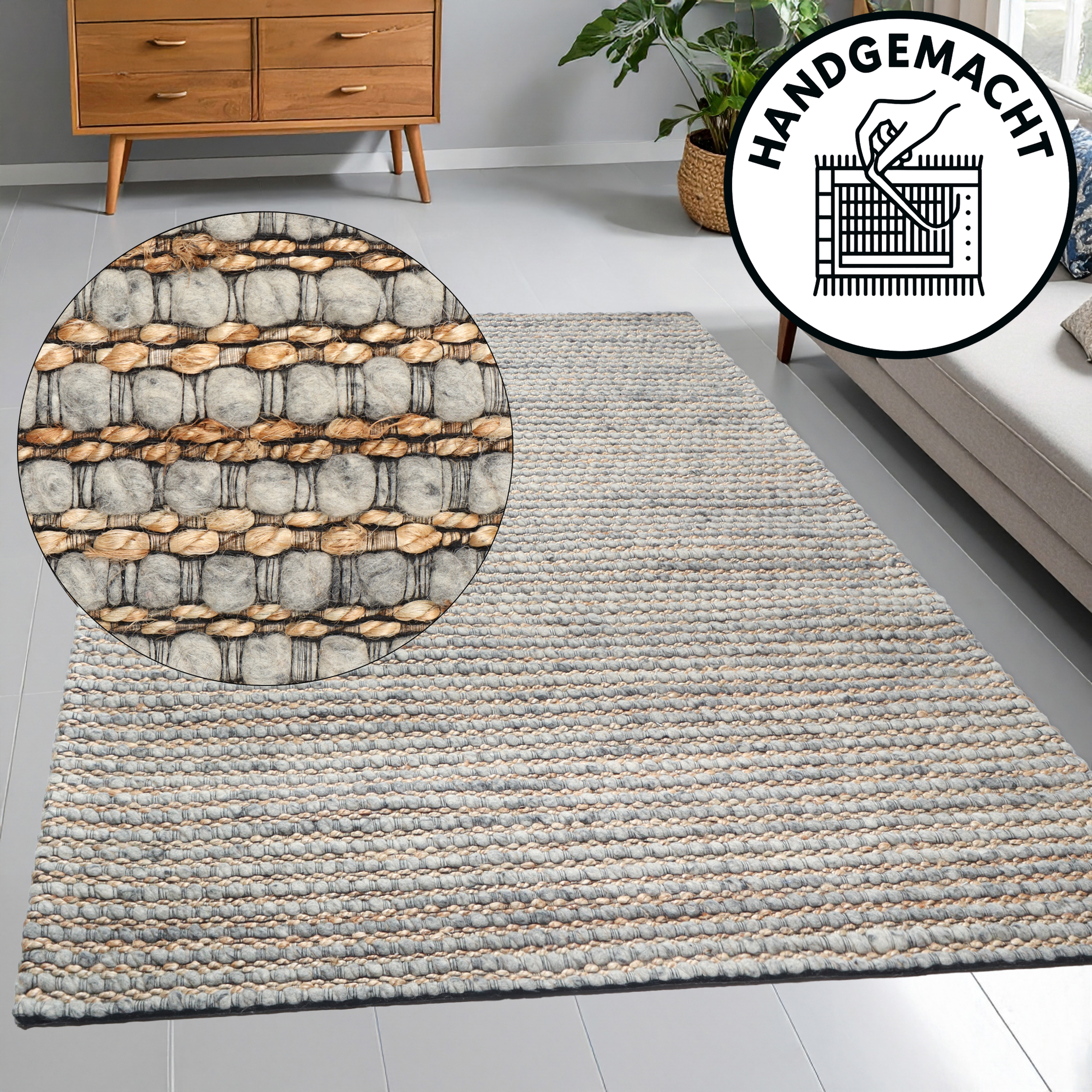 OTTO home Wollteppich "Leevy, Wolle und Jute, handgewebt, Handweb Teppiche" rechteckig 25 mm Höhe schöne Streifenoptik, Wohnzimmer, Schlafzimmer, Esszimmer