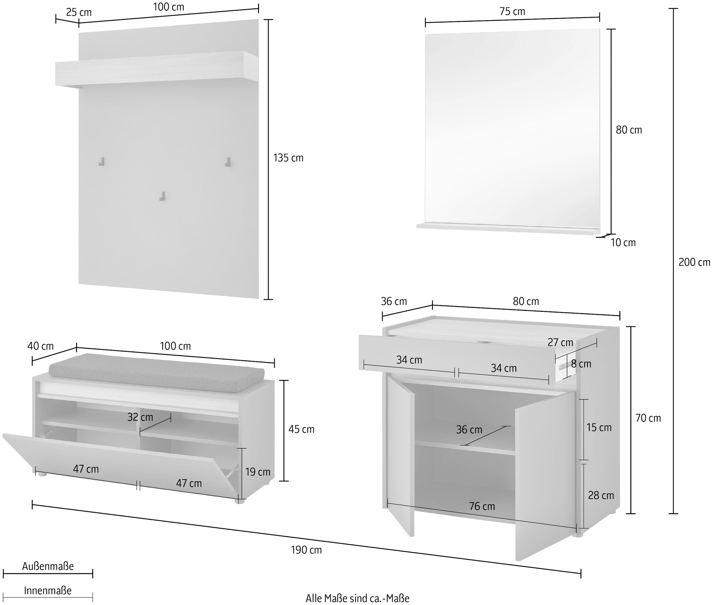 INOSIGN Garderoben-Set »GIRON/CiTY, moderne Garderobe, Komplettset mit viel Stauraum«, (Komplett-Set, 4 St.), enthält Kommode, Spiegel, Paneel & Schuhbank +Sitzkissen, 190 cm breit