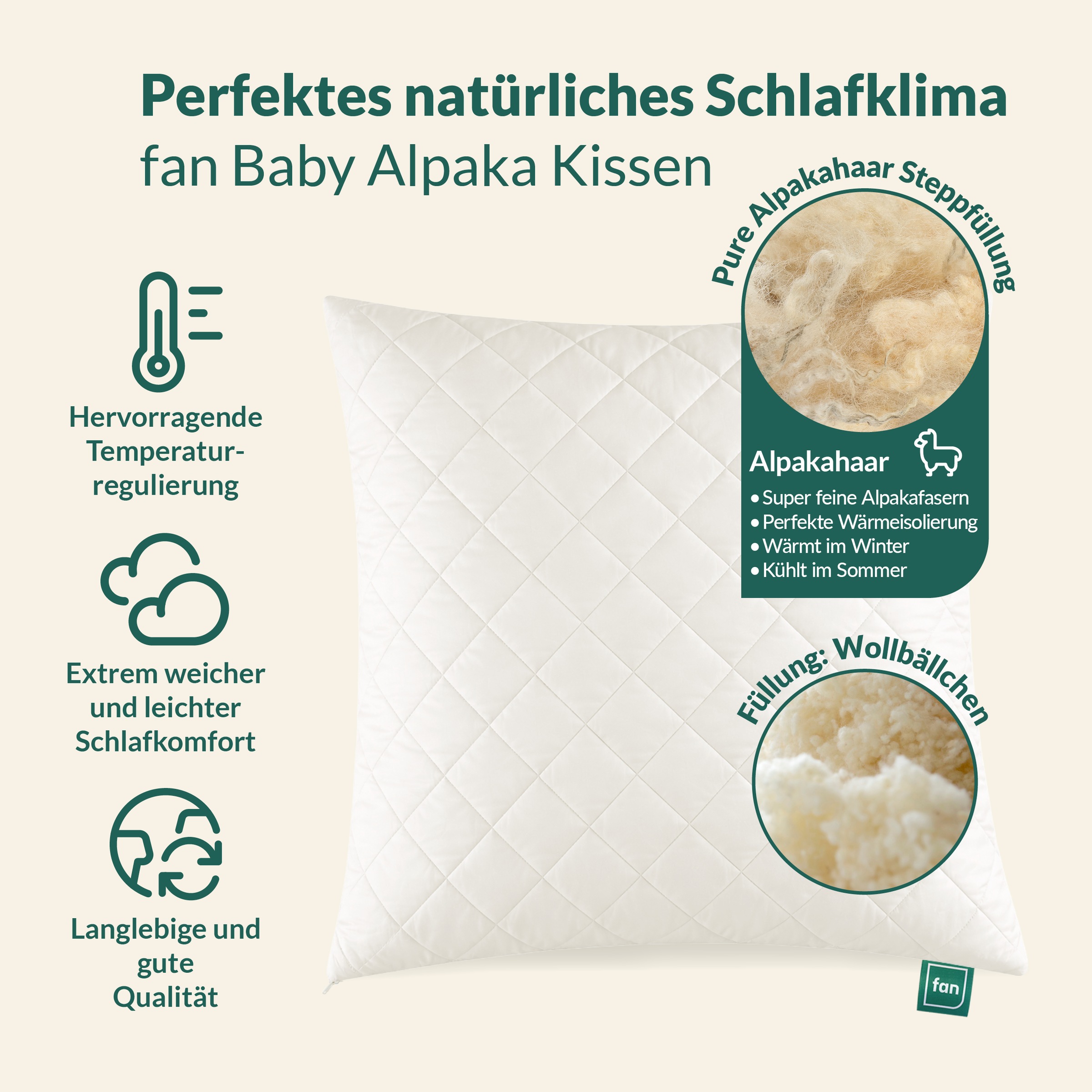 fan Naturhaarkissen "Baby Alpaka" Füllung: Wolle 1 Stk. tlg. Alpaka-Steppfüllung "Vlies der Götter"