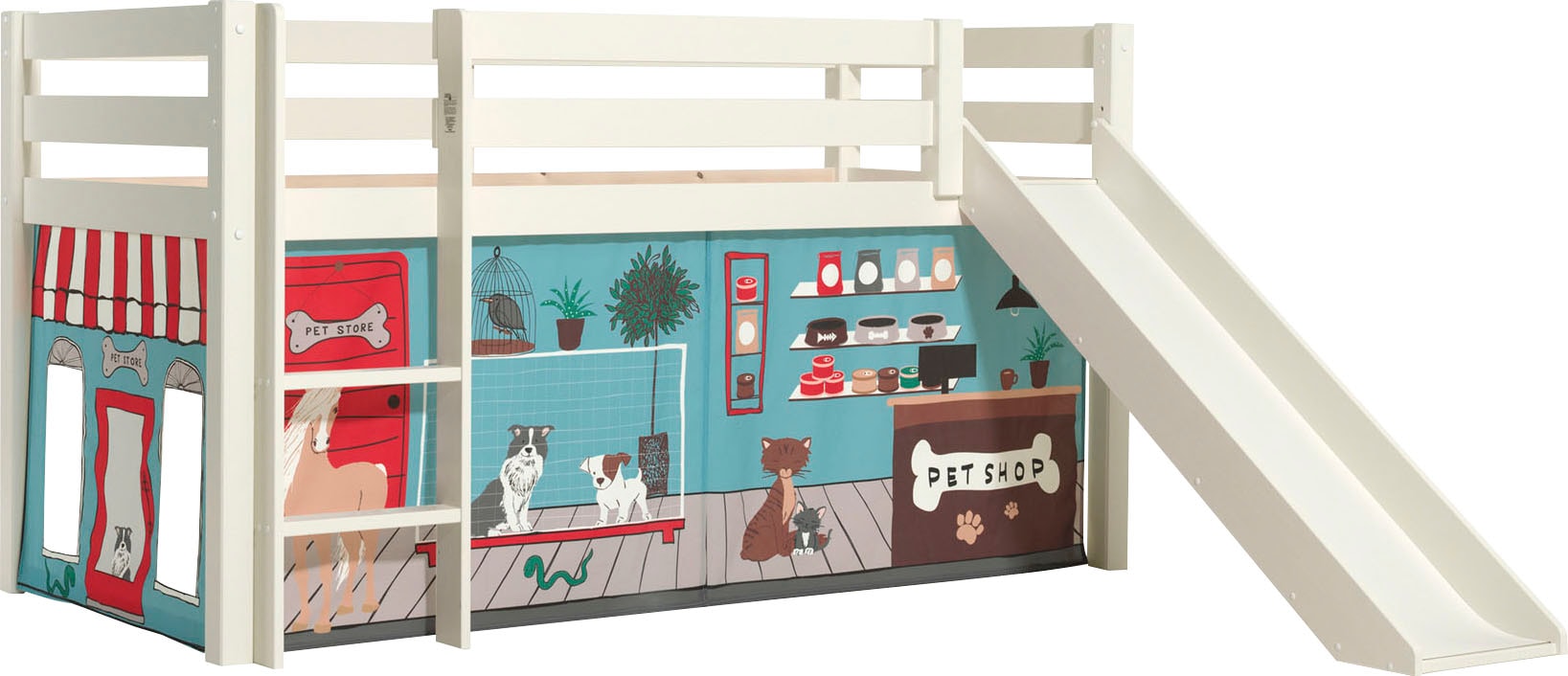 Spielbett VIPACK, B:218cm H:114cm L:210cm, weiß, Kinderzimmer, Betten, "Pino, Kiefer massiv, mit Rolllattenrost u. Textil-Set, Made in Europe",