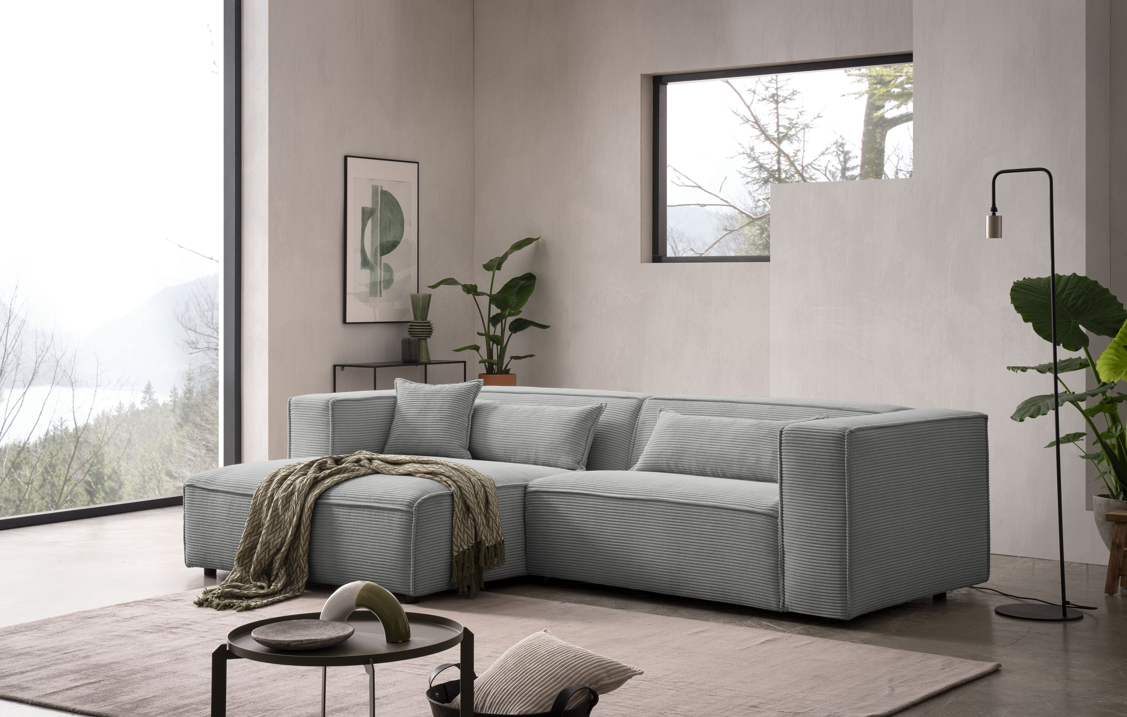 LeGer Home by Lena Gercke Ecksofa "PIARA Cord mit Kedernaht L-Form" wahlweise Ottomane rechts/links, schwarze Füße, bequemer Sitzkomfort