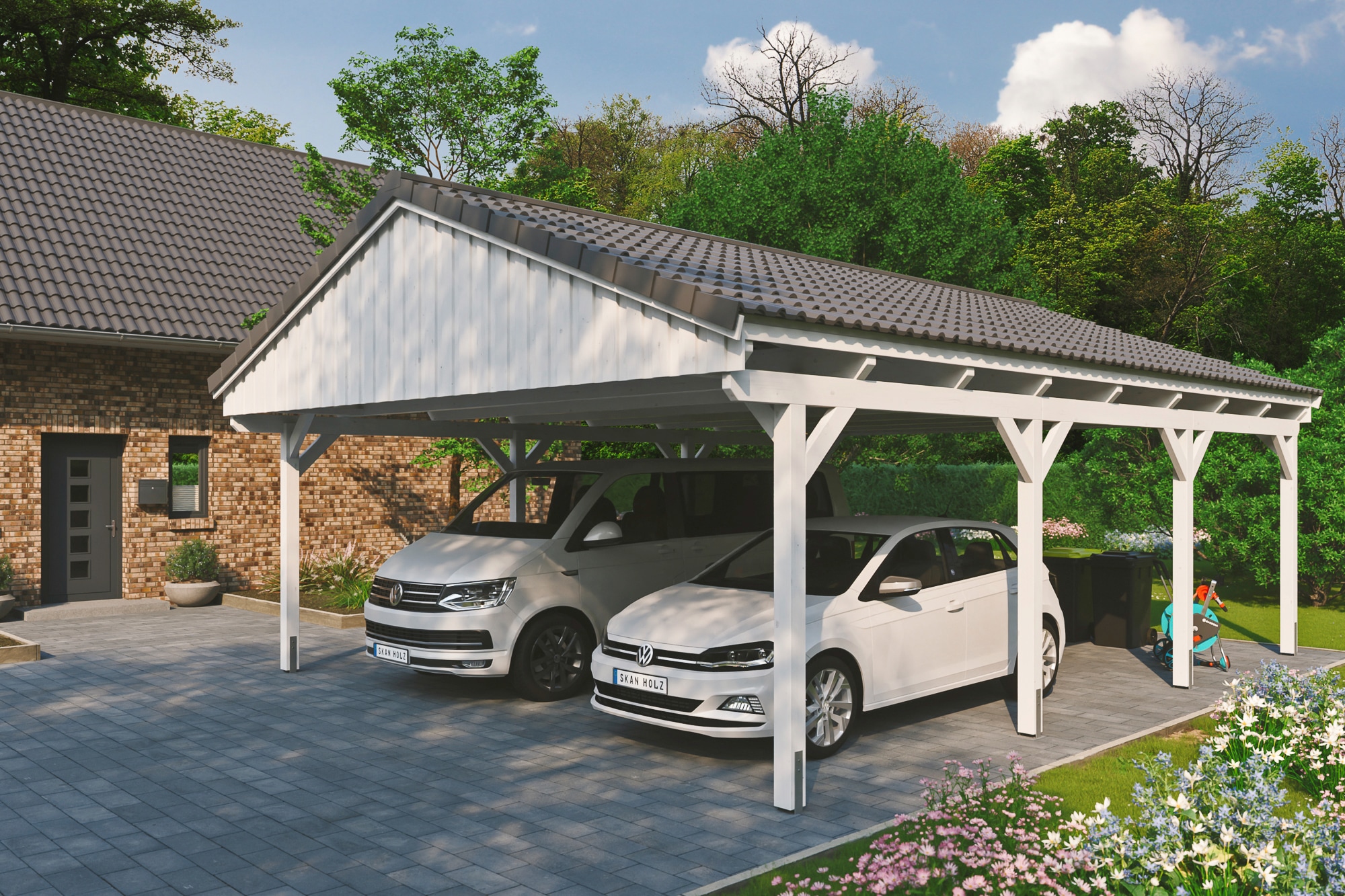 Skanholz Doppelcarport "Fichtelberg" Leimholz weiß mit Dachlattung