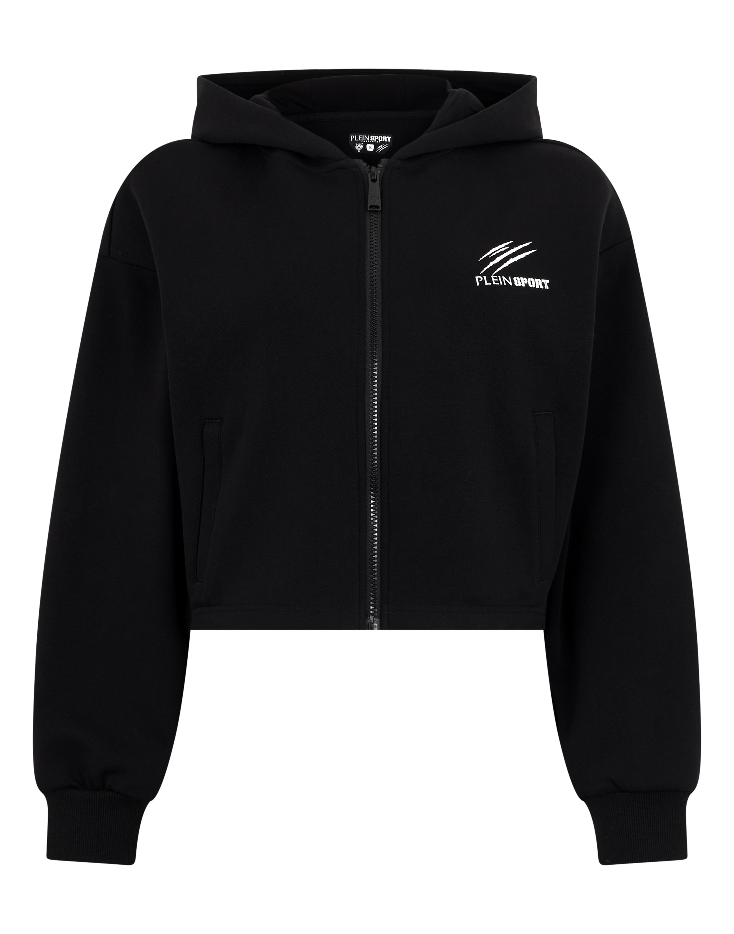 Kapuzensweatjacke PLEIN SPORT "Zip Hoodie Icon Scratch", Damen, Gr. L, 02, schwarz, Obermaterial: 59% Baumwolle, 35% Polyester, 6% Elasthan, Sweatjacken