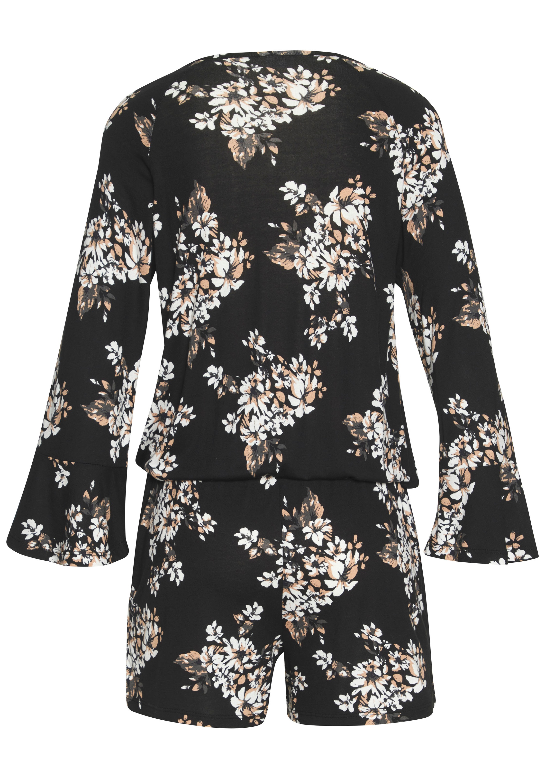 Overall LASCANA, Damen, Gr. 44, N-Gr, beige (schwarz, creme, bedruckt), Jersey, Obermaterial: 100% Viskose, bedruckt, figurumspielend kurz, V-Ausschnitt, Volant, Overalls Overall, mit Volant am 3/4-Arm, kurzer Jumpsuit mit Blumenprint 3
