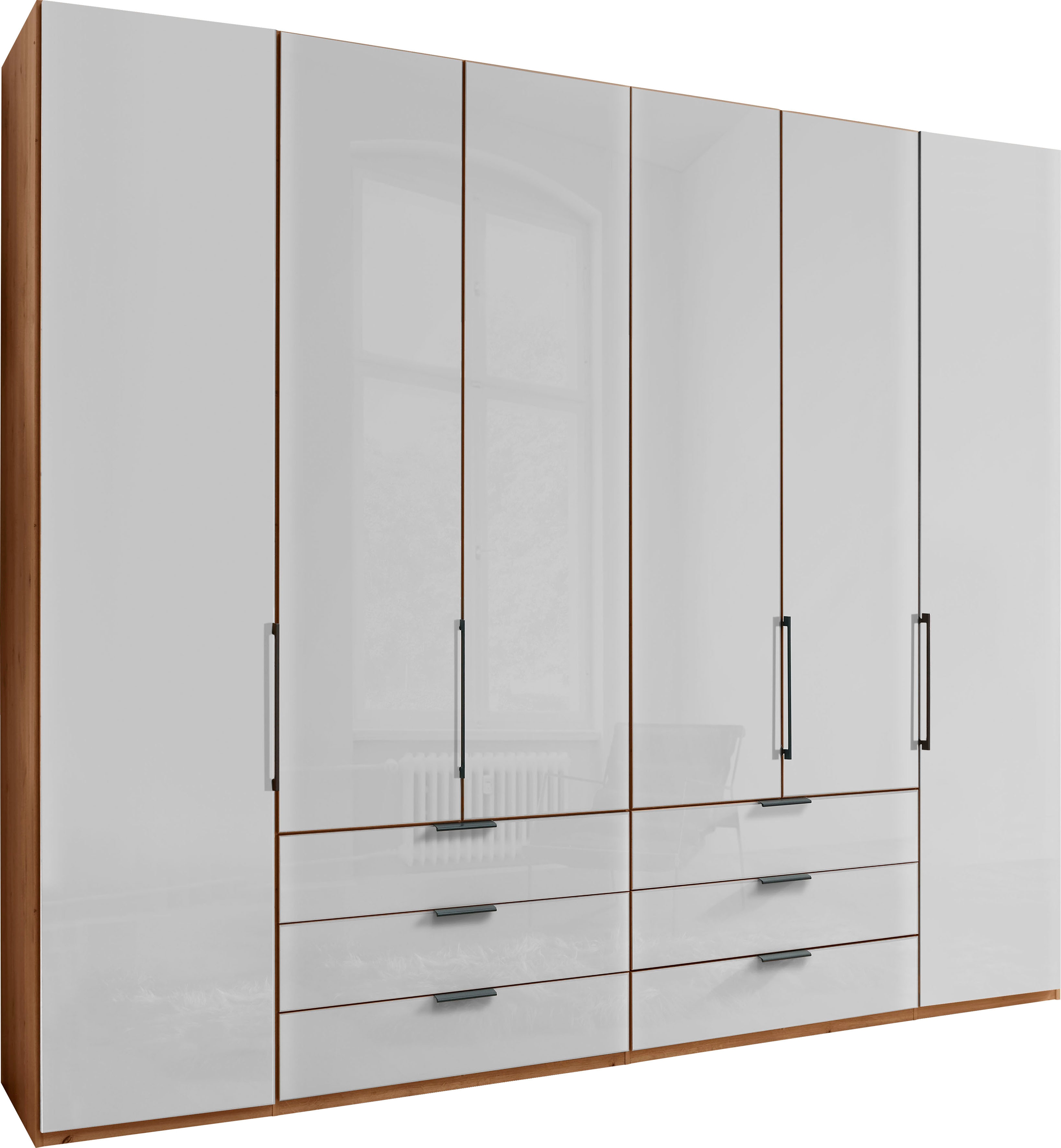 WIEMANN Falttürenschrank "Monaco, Kleiderschrank, Schrank, Wäscheschrank, mit edler Glasfront" 2 Breiten, 2 Höhen 216/236 cm auswählbar, MADE IN GERMANY, inkl. gepämpften Schubkästen und Türen, mit Panoramaöffnung