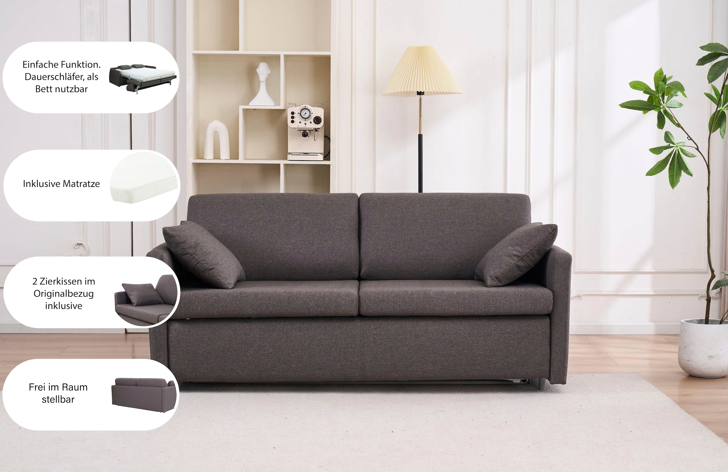 ATLANTIC home collection Schlafsofa »Robin, B: 168cm« mit Matratze und Zierkissen, Dauerschläfer