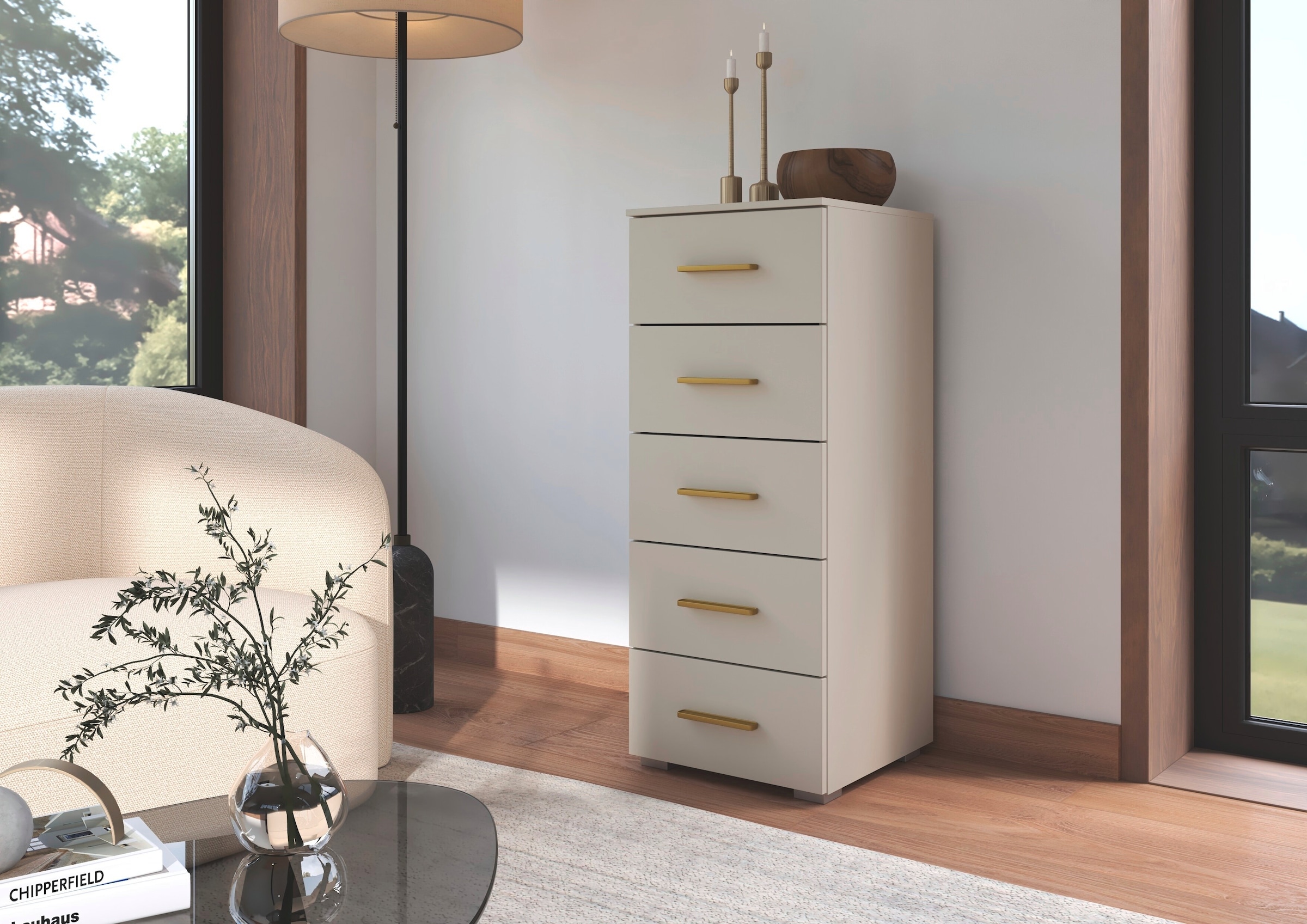 OTTO home Schubkastenkommode »Highboard Sideboard Kommode SCHNELLMONTAGESYSTEM ZELLARA« 5 geräumigen Schubladen, Griffe Gold aus Metall MADE IN GERMANY