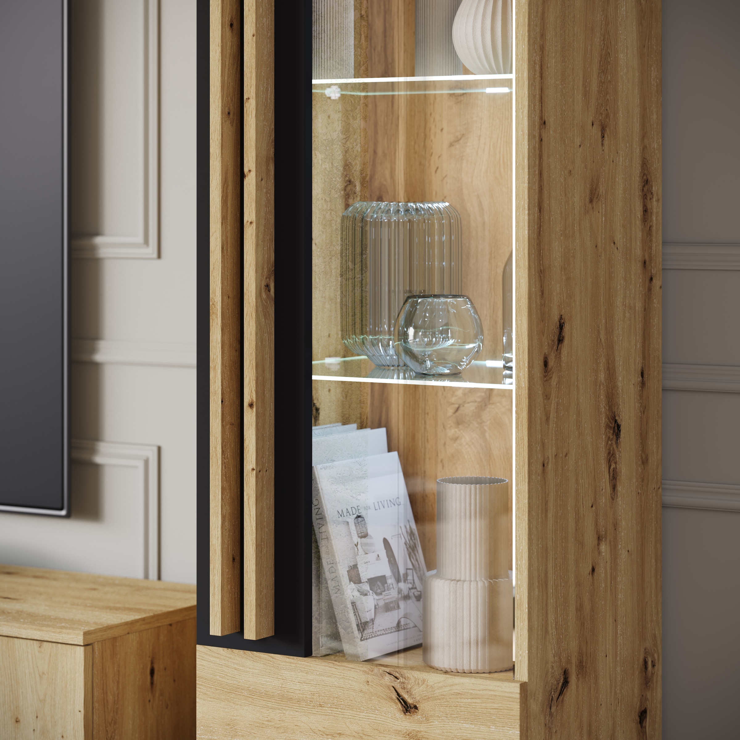 INOSIGN Wohnwand »Helsinki, Modernes Set mit verglaster Vitrine«, (Komplett-Set, 4 St.), mit lamellengriffen, verstellbaren Einlegeböden und Kunststofffüßen