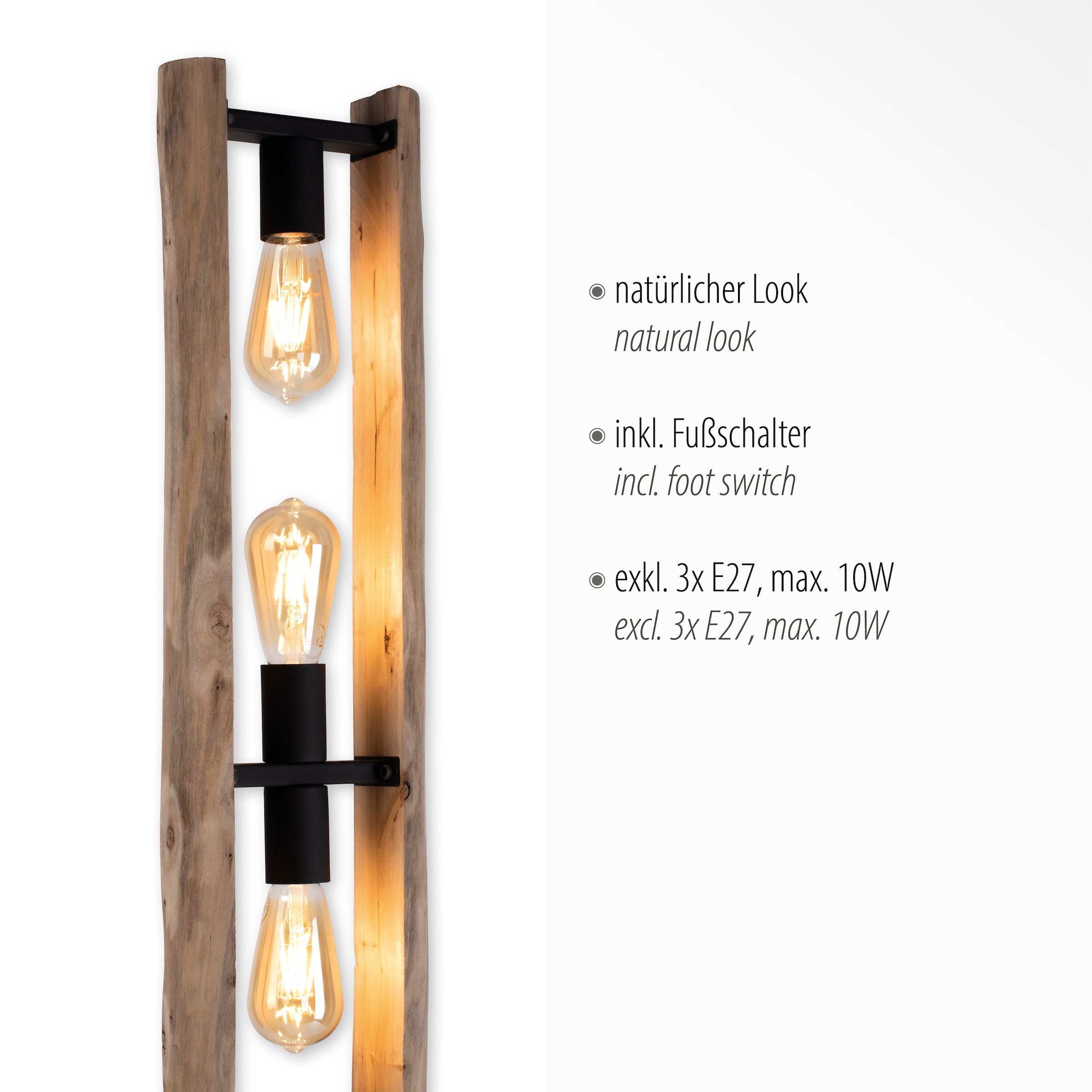 Leuchten Direkt Stehlampe BAUR Fußschalter flammig-flammig, Schalter, | »LOG«, ExklusiveE27, 3