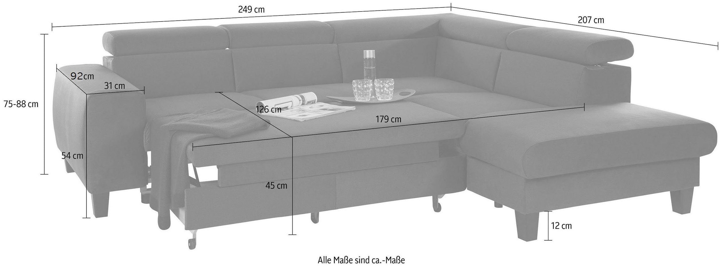 COTTA Polstergarnitur »Morven«, (Set), Set: bestehend aus Ecksofa und Hocker, Kopfteilverstellung