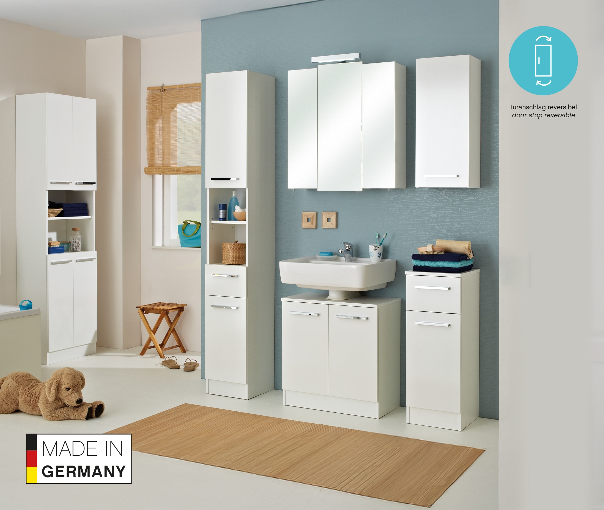 Saphir Hochschrank »Quickset 335 Badschrank 50 cm breit, 4 Türen, 1 Nische, 3 Einlegeböden« Badezimmer-Hochschrank, Weiß Glanz, Griffe in Chrom glänzend