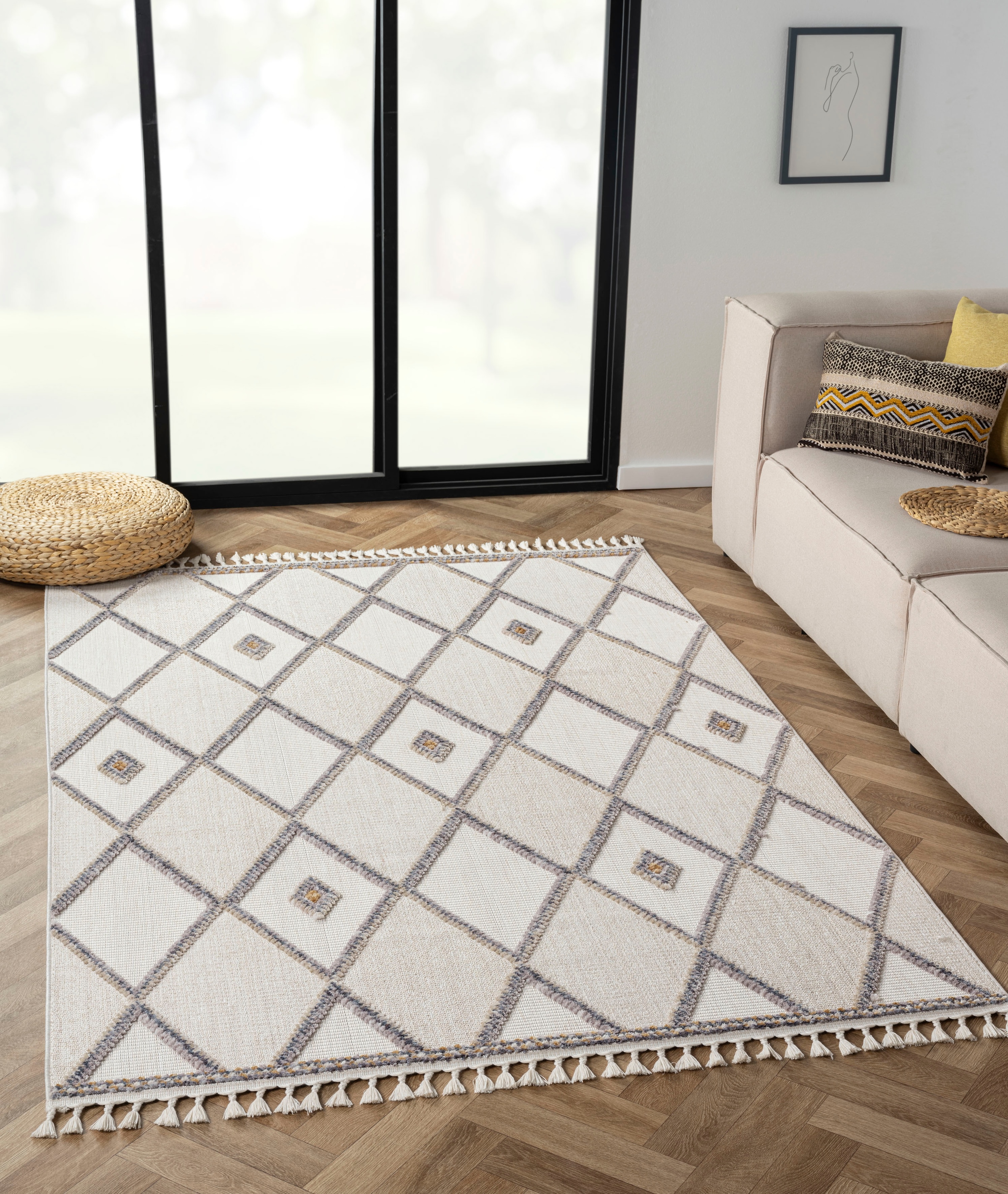 Teppich "Luana 2, LAGERRÄUMUNG", bunt (beige, hellgrau, weiß), B:160cm H:10mm L:230cm, Polyester, MYFLAIR MÖBEL & ACCESSOIRES, Teppiche, Teppich, Kurzflor, Sisal Optik, mit Fransen, besonders weich durch Microfaser