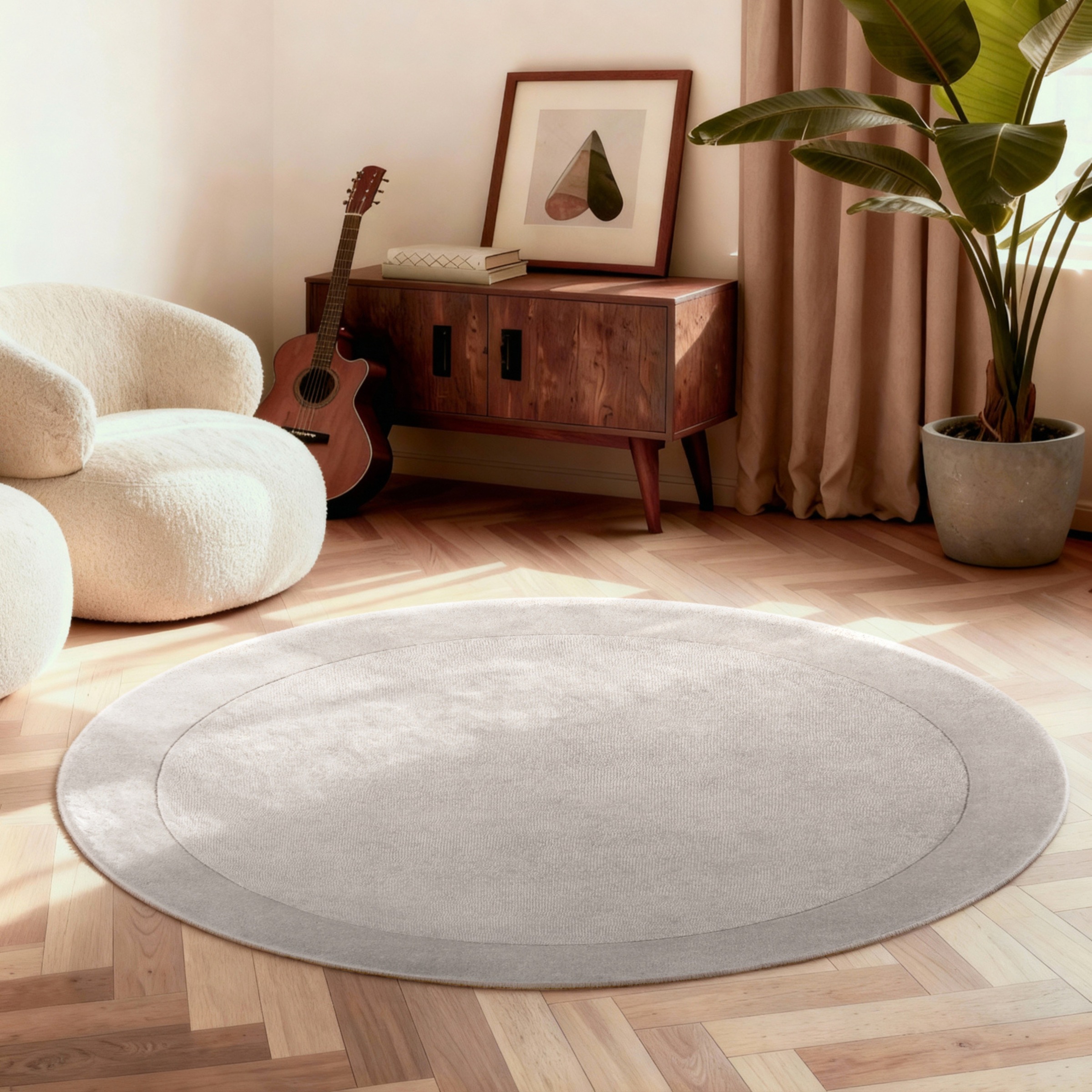 Teppich VILLEROY & BOCH "Wollteppich Kari", natur grau, H:17mm Ø:200cm, Nylon, Wolle, Teppiche, Teppich, Handgewebt, Wolle, Bordüre, Einfarbig, Läufer, Wohnzimmer, Organisch