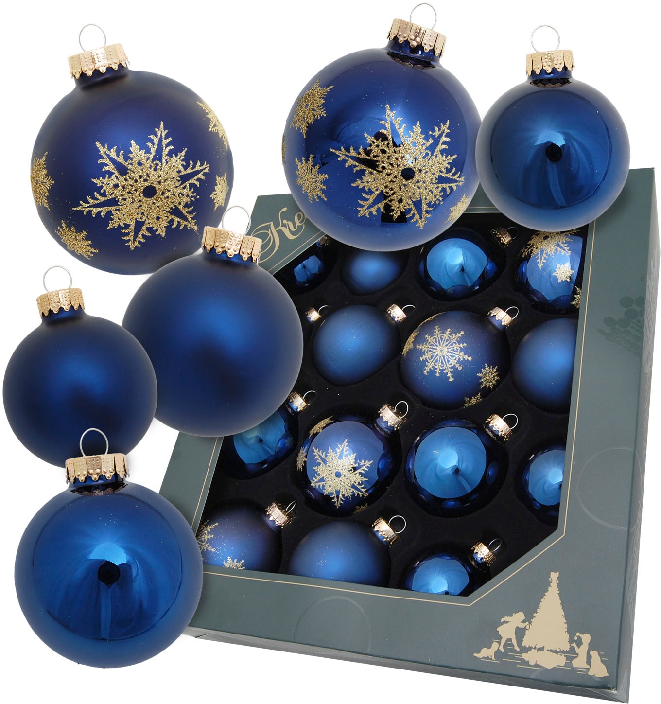 Weihnachtsbaumkugel ""Blaue Nacht", mit Schneeflocken, Ø ca. 5 cm / 6 cm / 6,7 cm", 6,7cm, blau, KREBS GLAS LAUSCHA, Weihnachtsbaumkugeln,