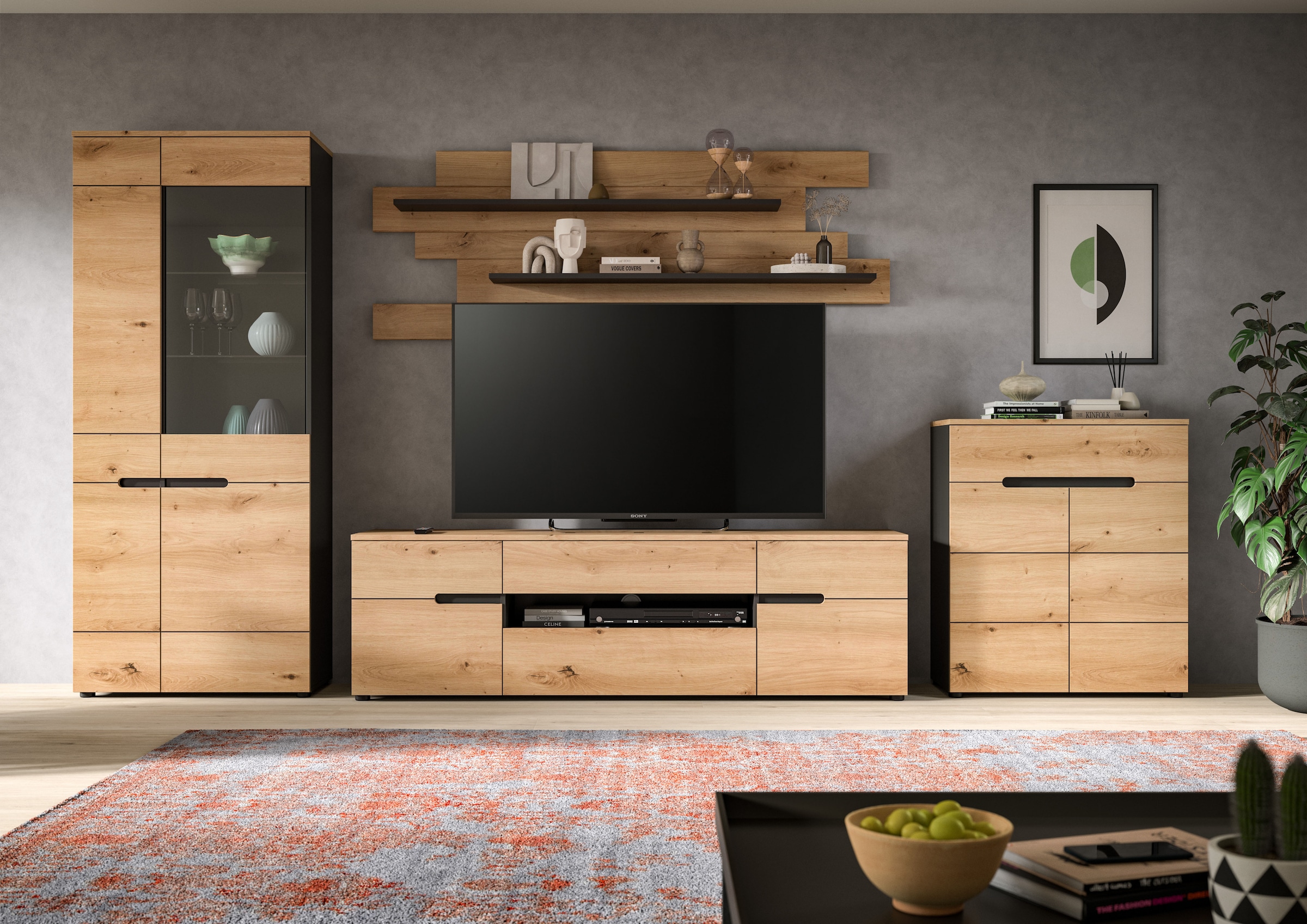 Home affaire Wohnwand "REHAT, 4-teilig, Breite 375 cm, individuell stellbar" Set bestehend aus: Vitrine, Lowboard, Wandboard und Kommode, 4 Stk. tlg.