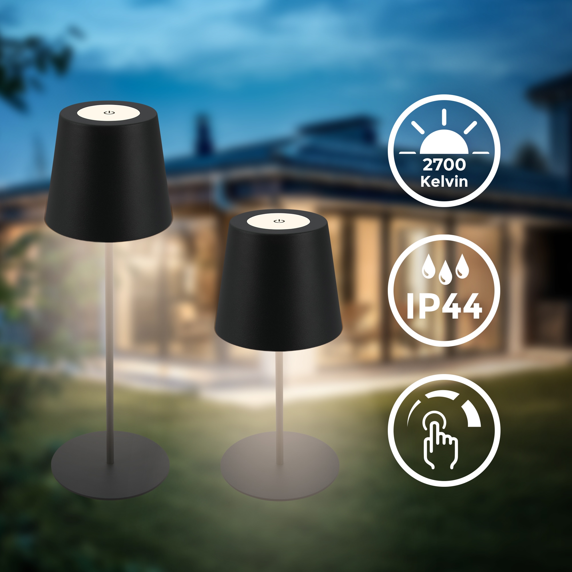 B.K.Licht Außen-Tischleuchte »BK_TL1595 Akku LED Tischlampe, 3-Stufen Touchdimmer, mit USB«, 1 flammig, Leuchtmittel LED-Modul | LED fest integriert, 2.700 K, 200 Lm, 2,5W, IP44, 12h Leuchtdauer, 36 x 10,5 cm, Schwarz
