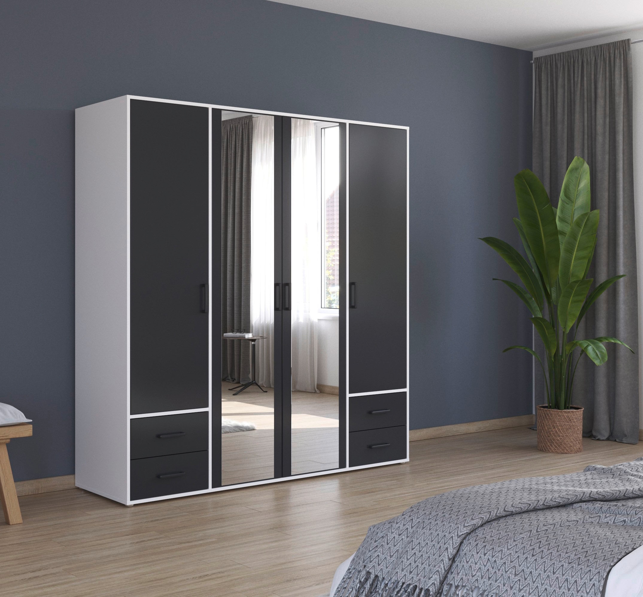 rauch Drehtürenschrank »Kleiderschrank Schrank Garderobe Wäscheschrank VOYAGER«, (in 3 verschiedenen Ausstattungen BASIC/CLASSIC/PREMIUM), mit modernen Griffen in Graumetallic, inkl. Schubkästen und Spiegel