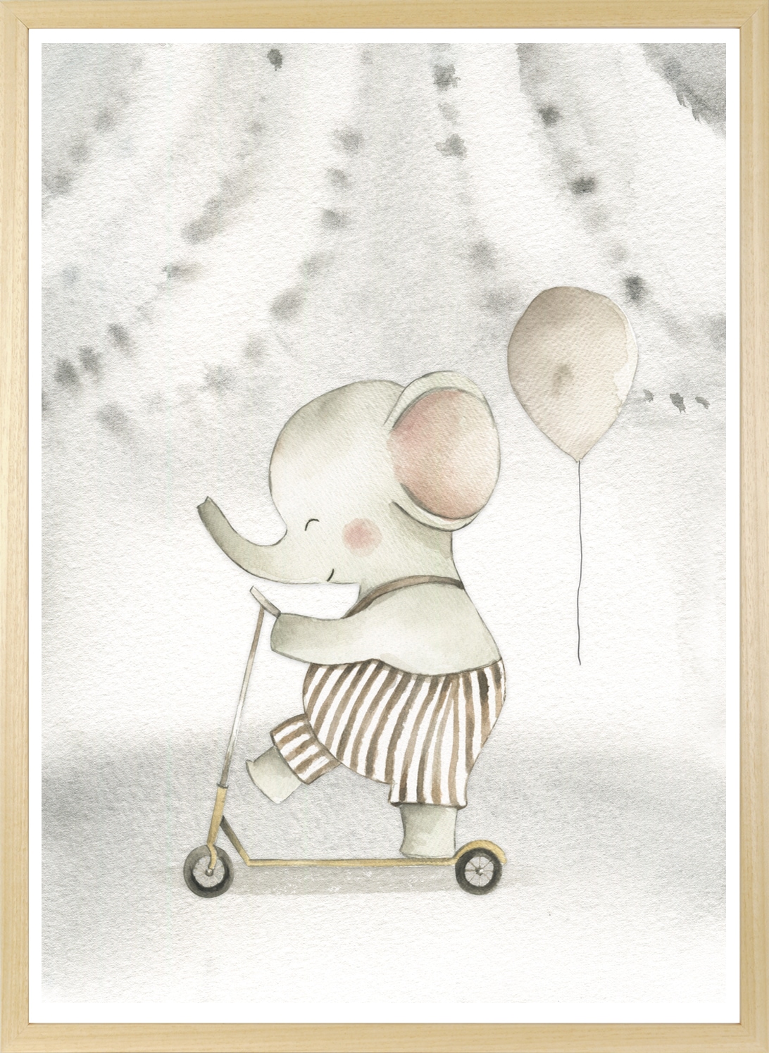 queence Bild mit Rahmen »Elefant auf Roller«, Elefant-Elefanten-Elefanten Bilder-Fahrzeuge-Luftballon-Tiere, (1 St.), HD Premium Posterdruck mit Echtholzrahmen