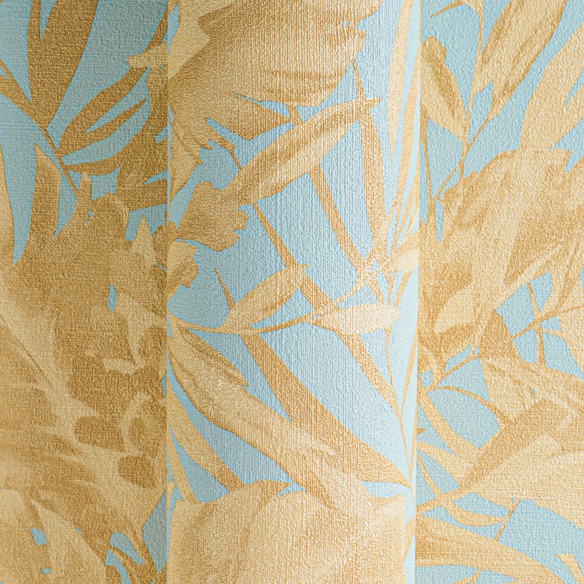 Papier peint intissé feuille et palmier, style tropical aux tons bleu et or - 10,05 x 0,53 m - collection Cosmopolitan