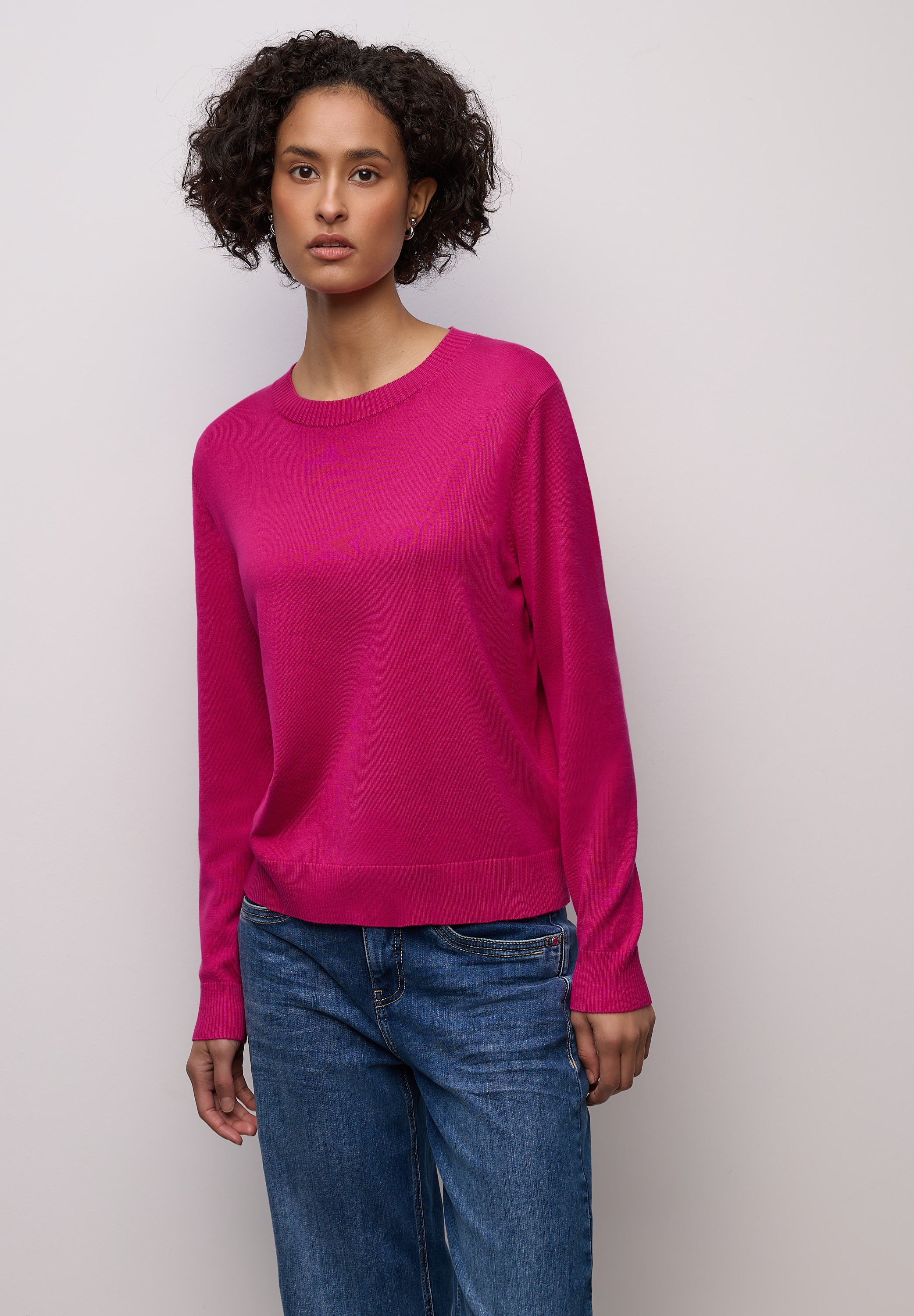 Rundhalspullover STREET ONE, Damen, Gr. 34, magenta dream, Stoff, 86% Viskose, 14% Polyester, unifarben, normal normal, Rundhals, Rippbündchen, Pullover Rundhalspullover, mit Rundhalsausschnitt